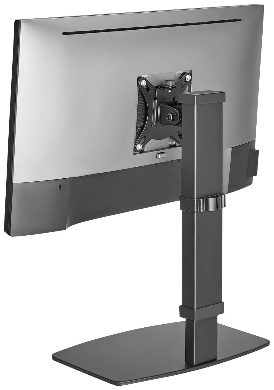 Ein Computermonitor von hinten auf einem höhenverstellbaren Standfuß, silberne Rückseite, geeignet für ergonomische Arbeitsplatzgestaltung.