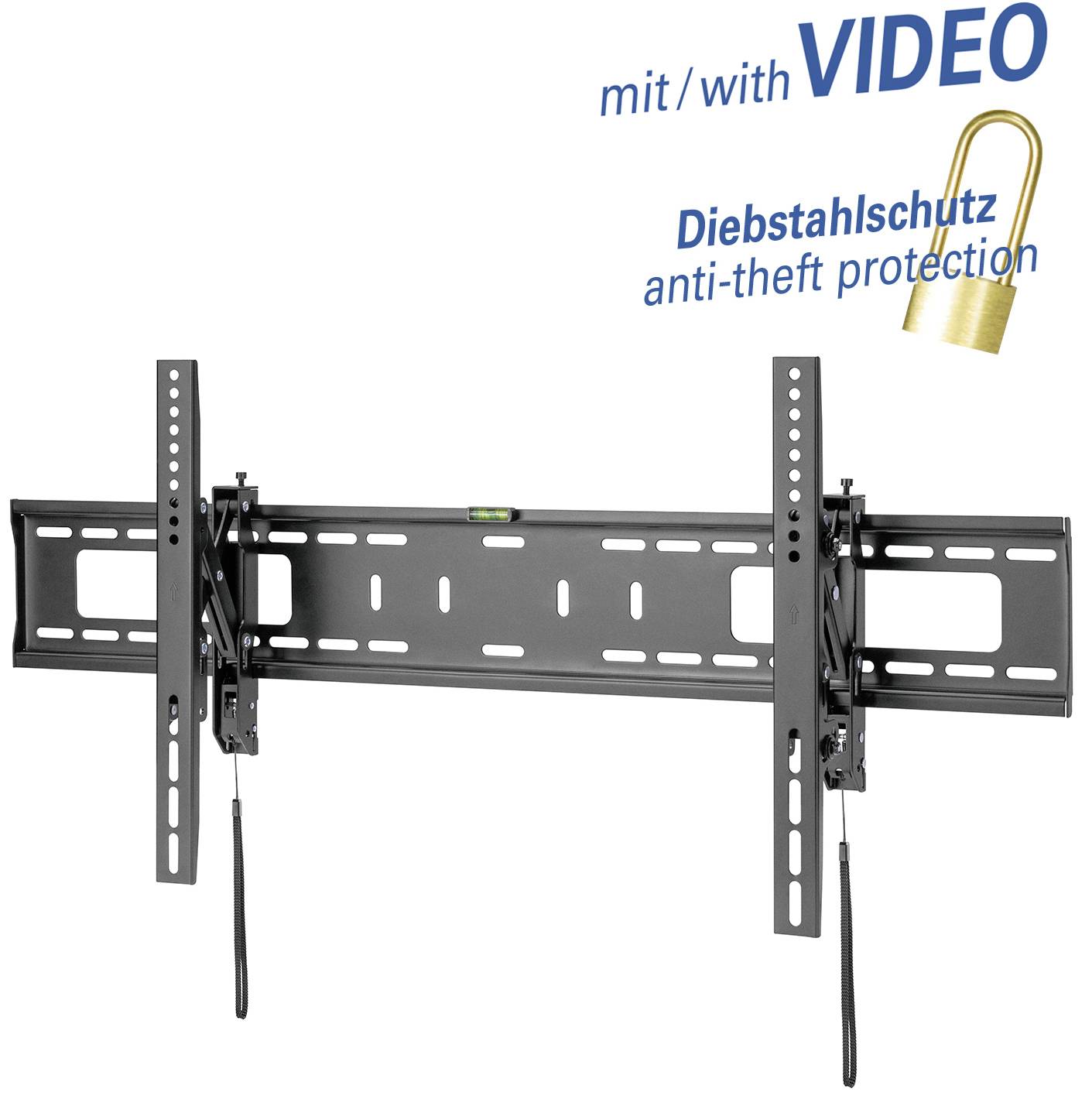 Wandhalterung für Flachbildfernseher, Diebstahlschutz integriert, Anleitungsvideo verfügbar.