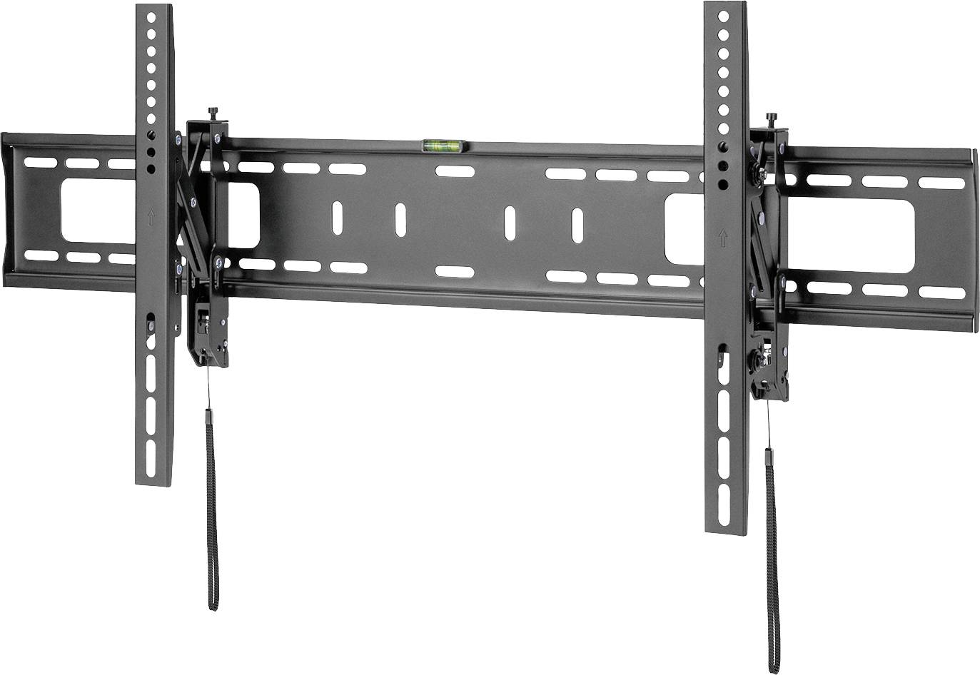 Eine schwarze, verstellbare TV-Wandhalterung mit Wasserwaage, geeignet für größere Fernseher.