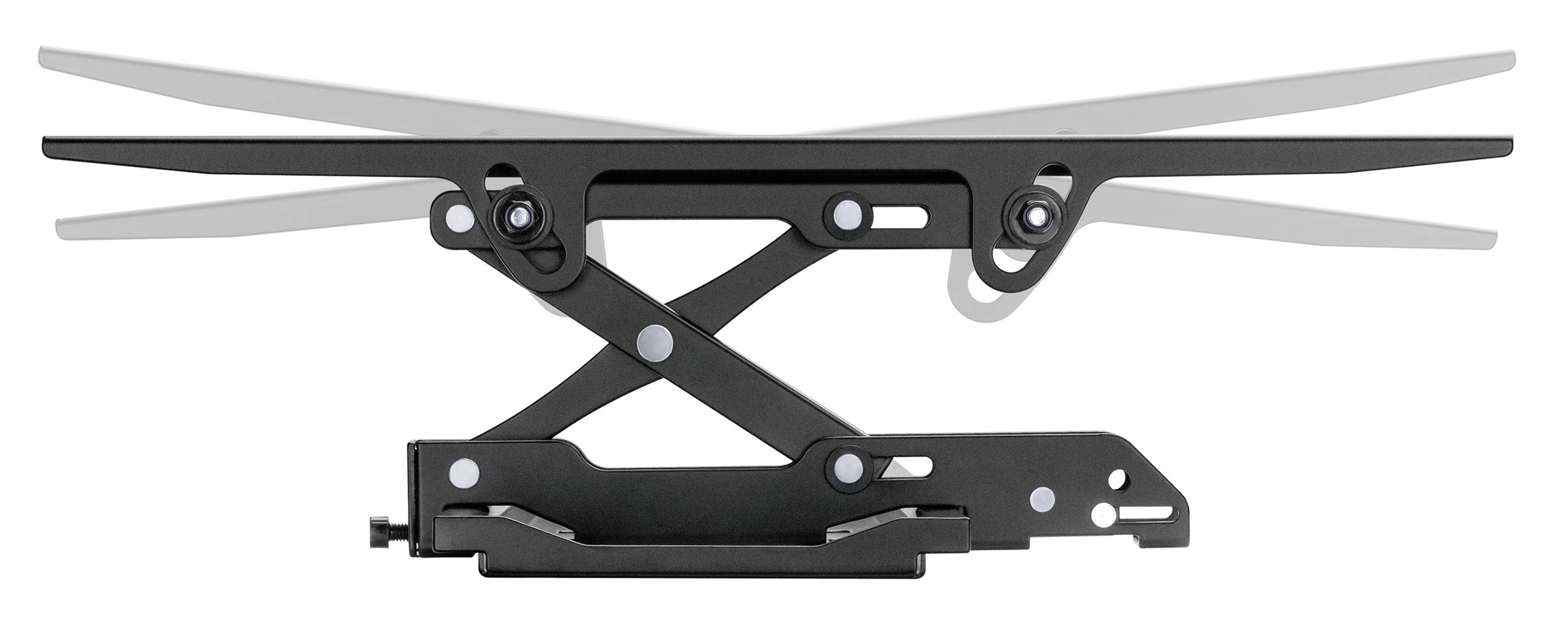 Mechanismus zur Höhenverstellung eines Tischs, zeigt mehrere Positionen der verstellbaren Metallarme.