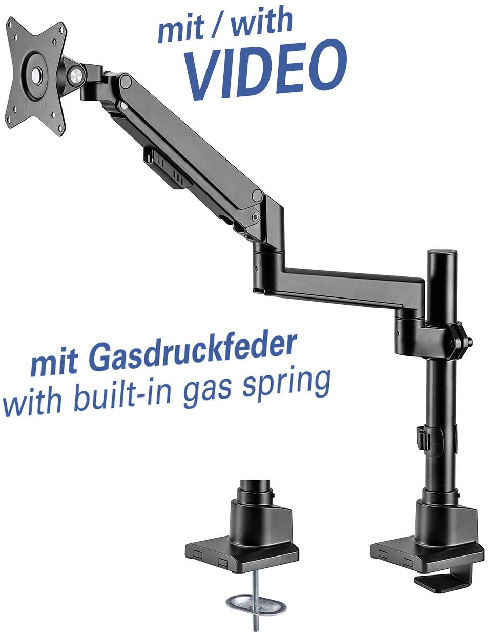 Schwenkbarer Monitorarm mit Gasdruckfeder. Zwei Befestigungspunkte, flexible Höhen- und Winkelanpassung.