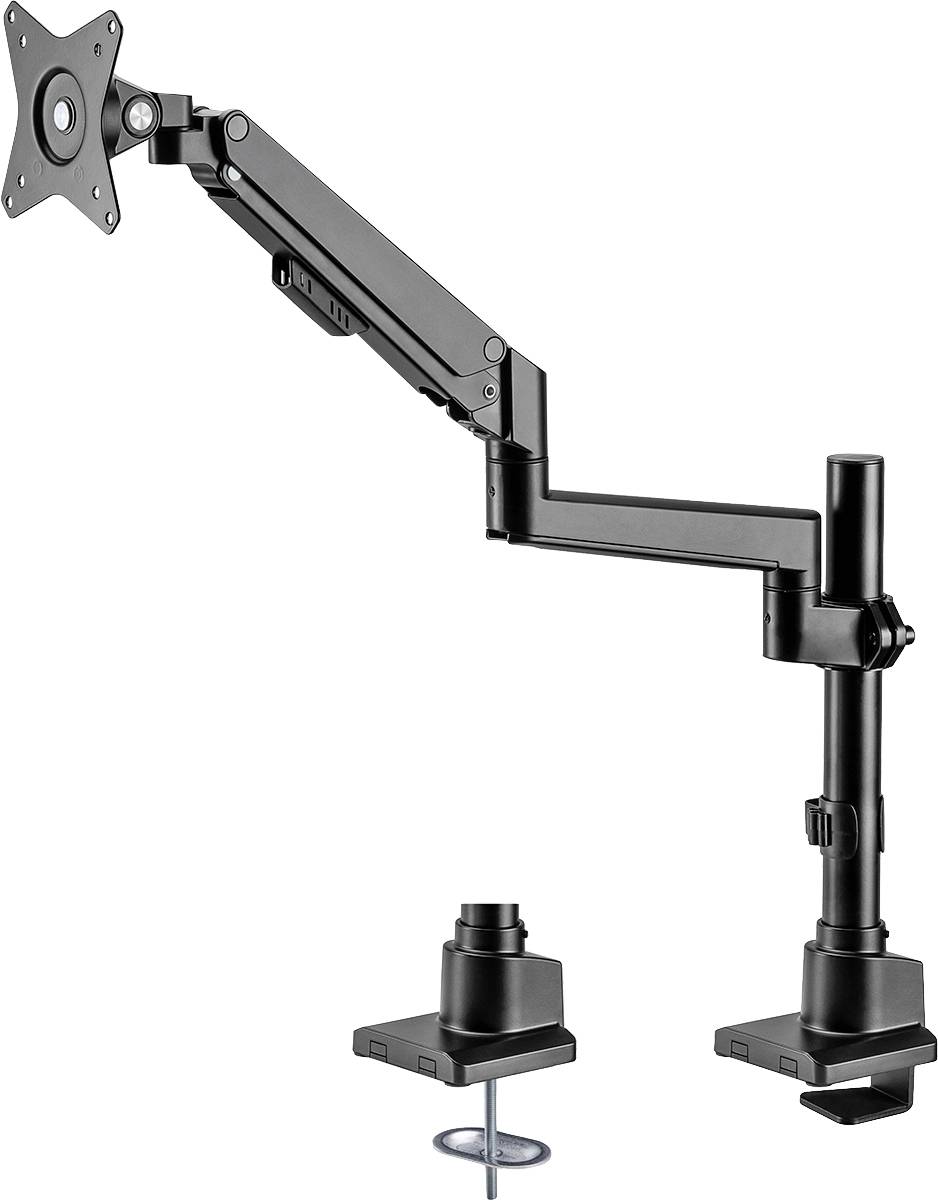Ein verstellbarer Monitorarm mit schwarzer Halterung, geeignet für Schreibtischmontage. Enthält VESA-Befestigungsplatte und C-Klemme.