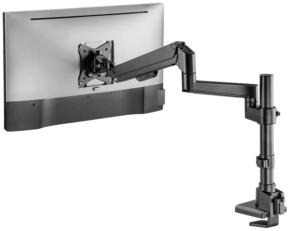 Ein Bildschirm ist an einem verstellbaren Monitorarm befestigt, der an einem Tisch montiert ist und Flexibilität bei der Positionierung bietet.