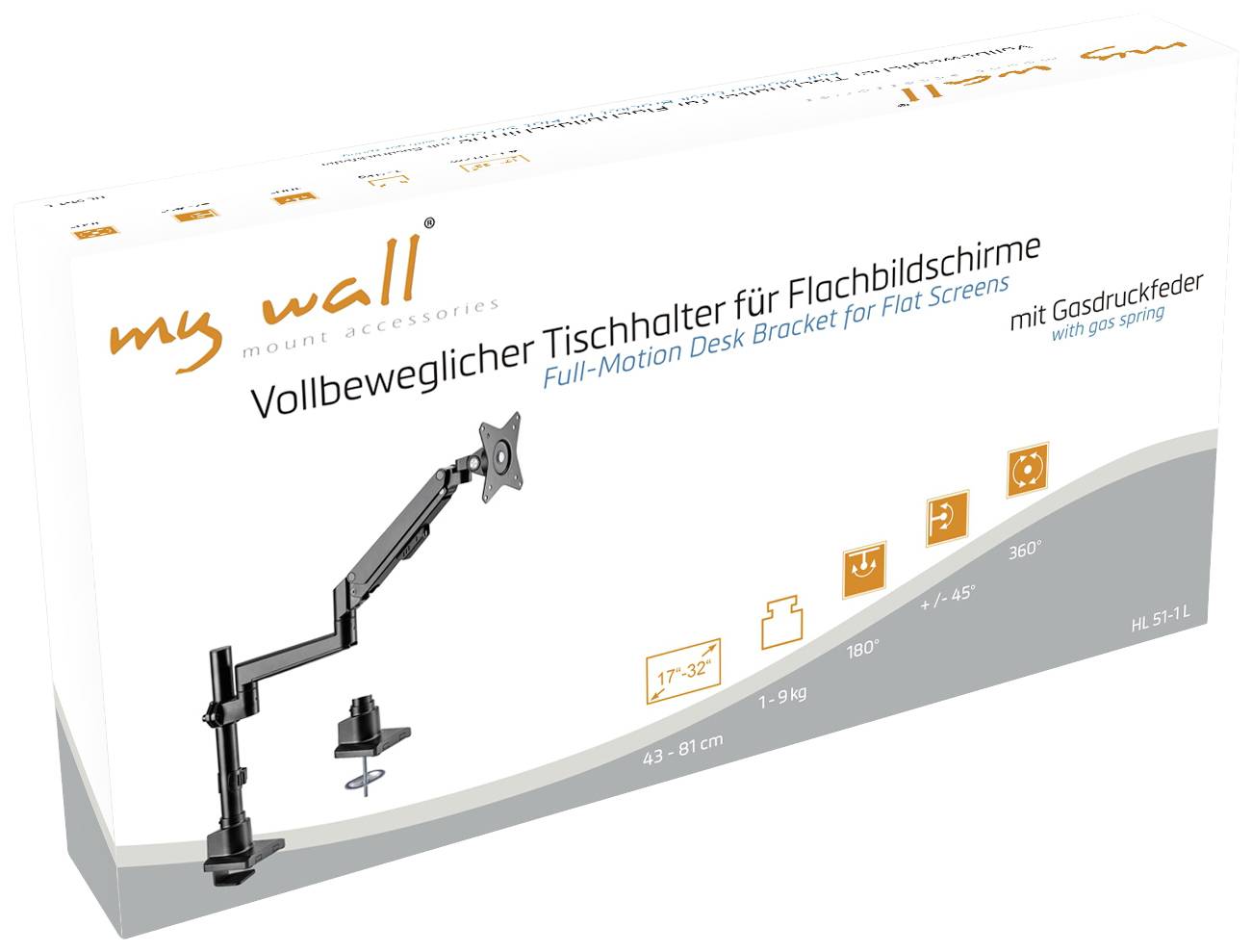 Verpackung eines vollbeweglichen Tischhalters für Flachbildschirme mit Gasdruckfeder, einstellbar von 43 bis 81 cm.