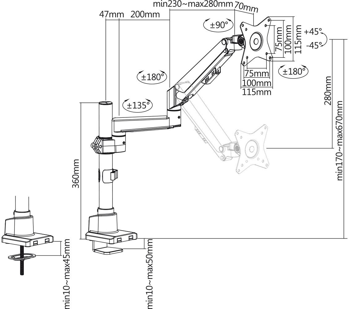 Grafik eines Monitorarms mit Abmessungen: Höhe 360 mm, Reichweite 230-280 mm, Schwenkbereich bis 180°, Neigung bis 90°.