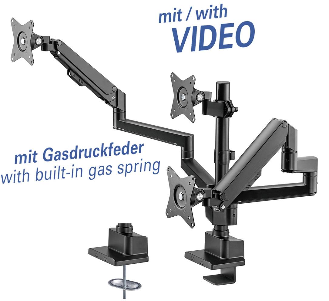 Schwarzer Monitorarm für drei Bildschirme, mit Gasdruckfeder ausgestattet und verstellbar. Enthält Montageelement und Hinweis auf Video.
