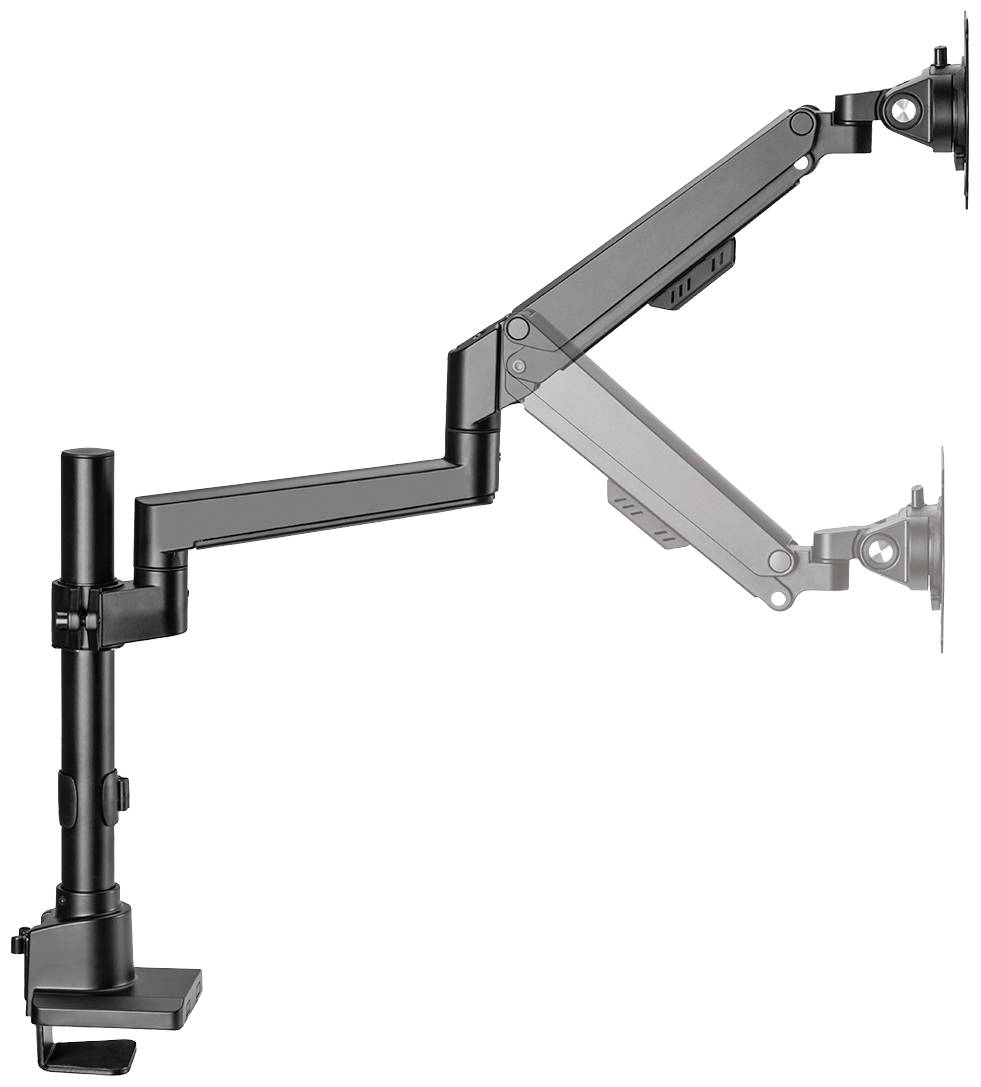 Ein ergonomischer, verstellbarer Monitorarm aus Metall, der an einem Tisch befestigt ist und einen Bildschirm in verschiedenen Winkeln halten kann.