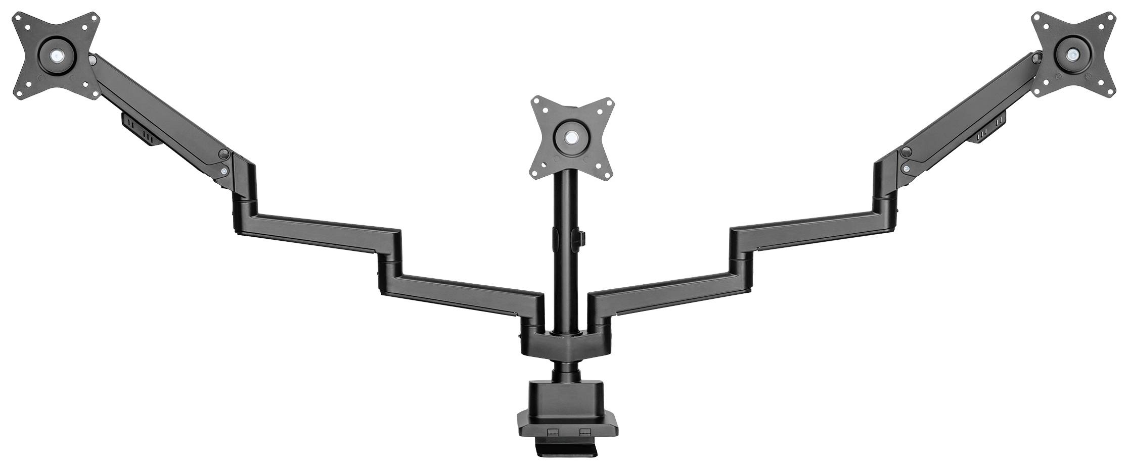Monitorhalterung mit drei verstellbaren Armen für Monitore, zentral befestigt. Jeder Arm hat einen VESA-Adapter für die Monitorbefestigung.