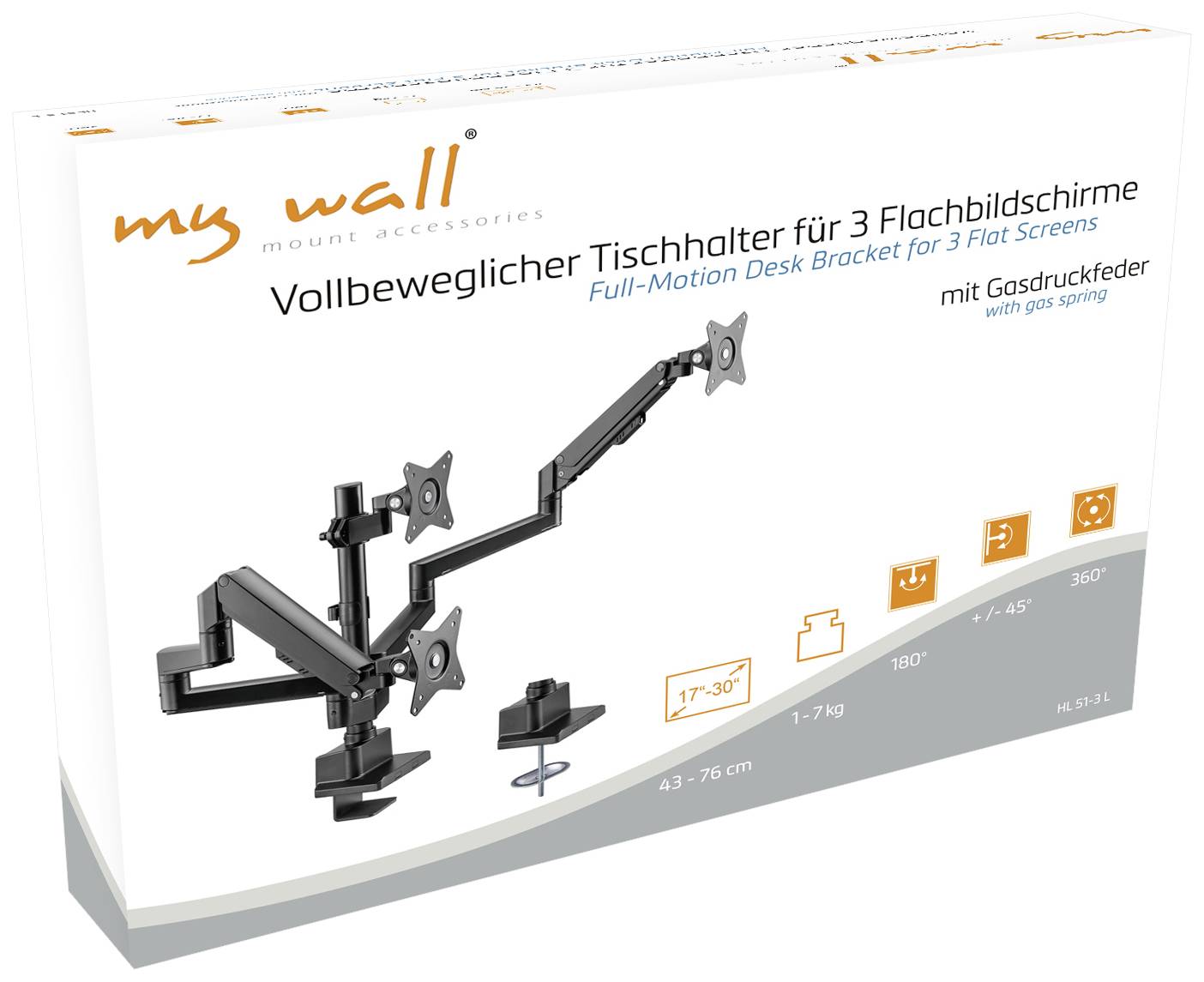 Vollbeweglicher Tischhalter für 3 Flachbildschirme mit Gasdruckfeder, geeignet für Bildschirme von 17-30 Zoll und 1-7 kg.