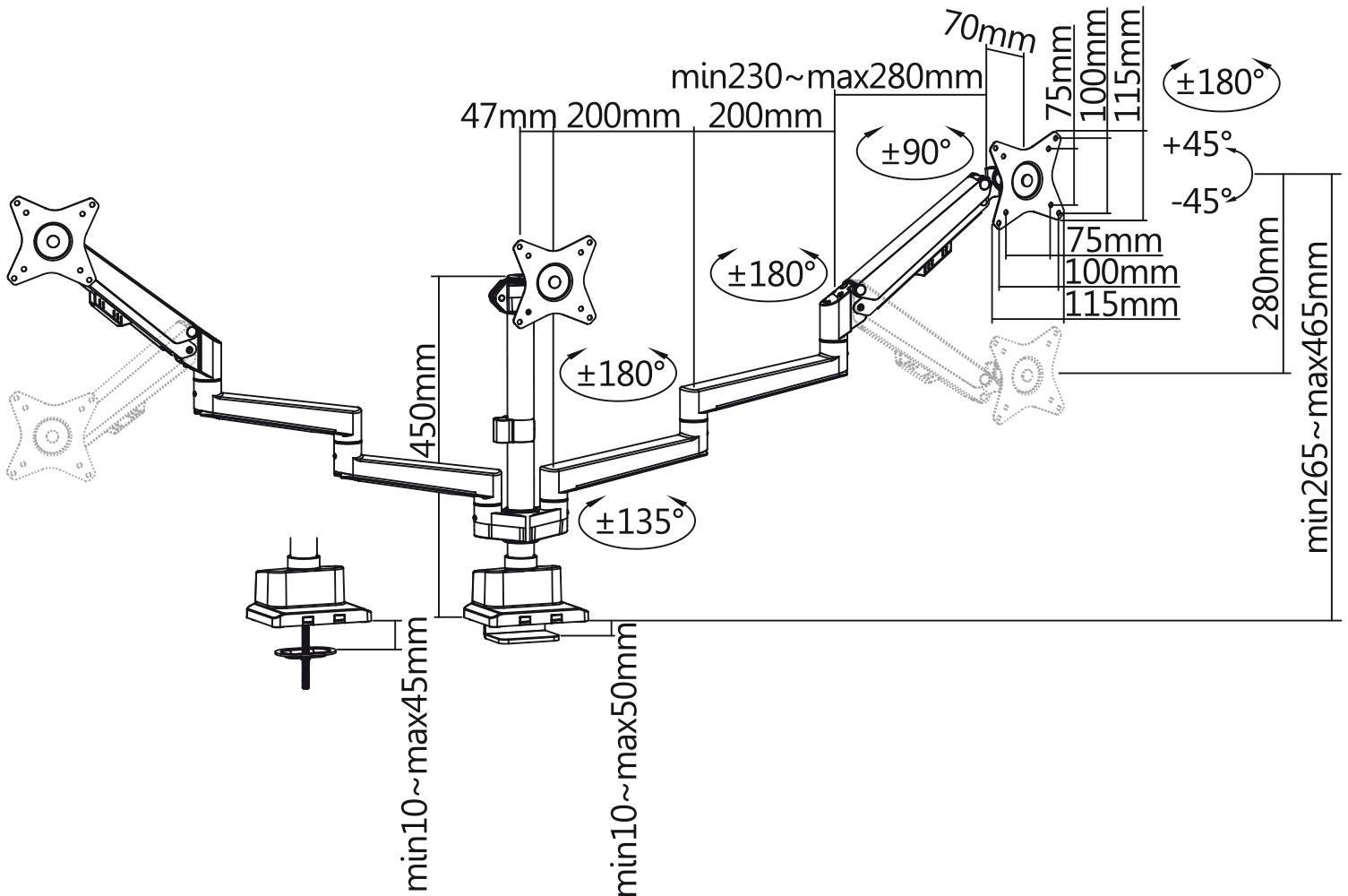 Technische Zeichnung eines dreifachen Monitorarms. Maße und schwenkbare Winkel der Arme sind detailliert angegeben.