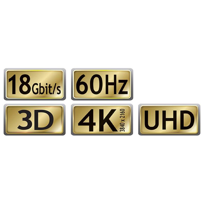 Goldene Beschriftungen mit: 18 Gbit/s, 60 Hz, 3D, 4K (3840x2160), UHD.