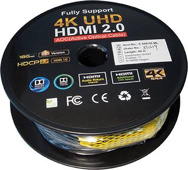 Rolle eines 4K UHD HDMI 2.0 Kabels, 50 Meter lang. Unterstützt HDR10, HDCP 2.2. Enthält Aufkleber mit Produktinformationen und Logos.