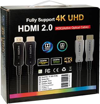 Verpackung eines HDMI 2.0 Kabels mit 4K UHD-Unterstützung. Vorderseite zeigt Kabeltyp, Logos und technische Informationen.
