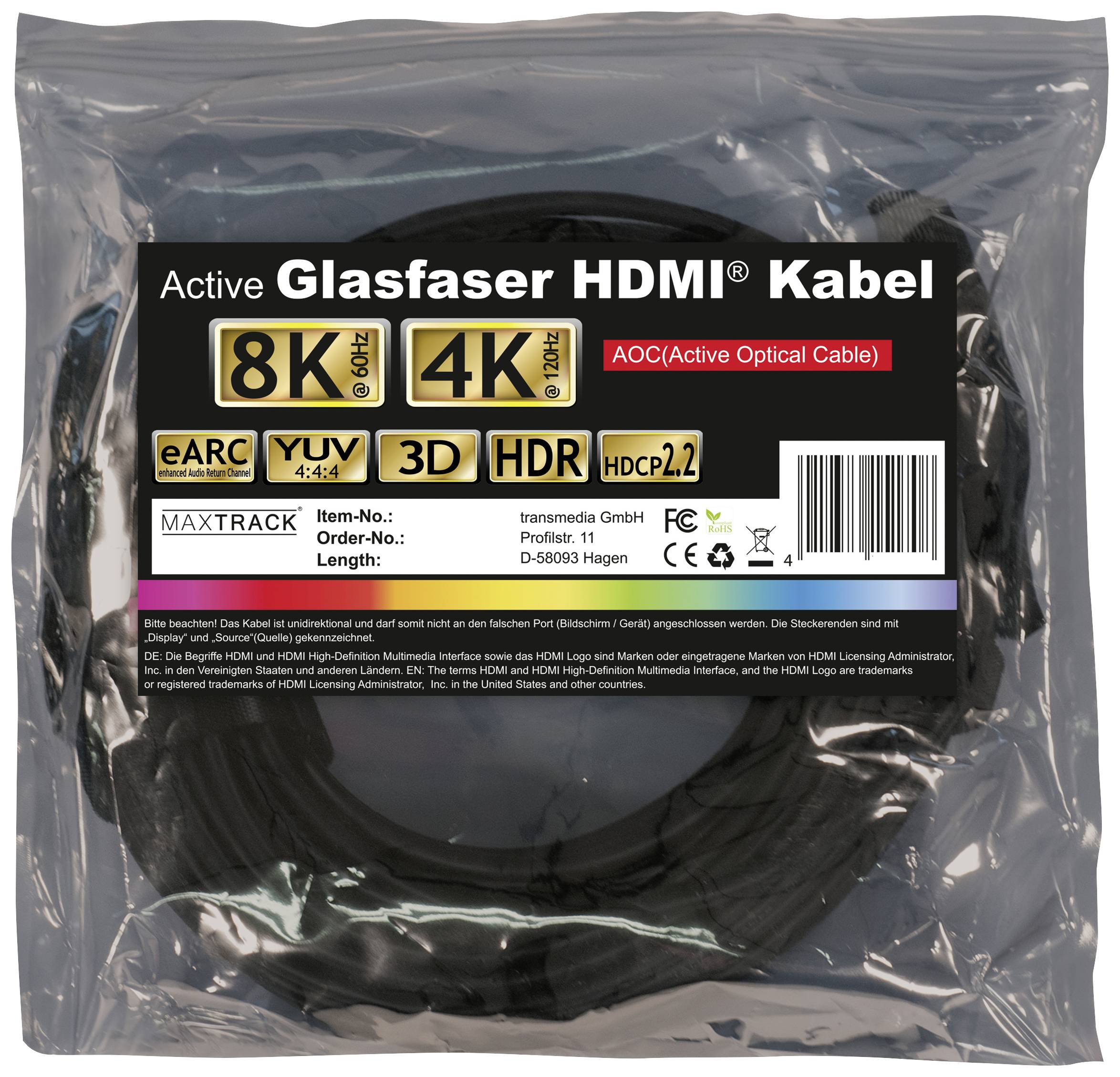 Maxtrack HDMI Anschlusskabel HDMI-A Stecker, HDMI-A Stecker 15.00m Schwarz C 507-15ML 8K UHD HDMI-Kabel