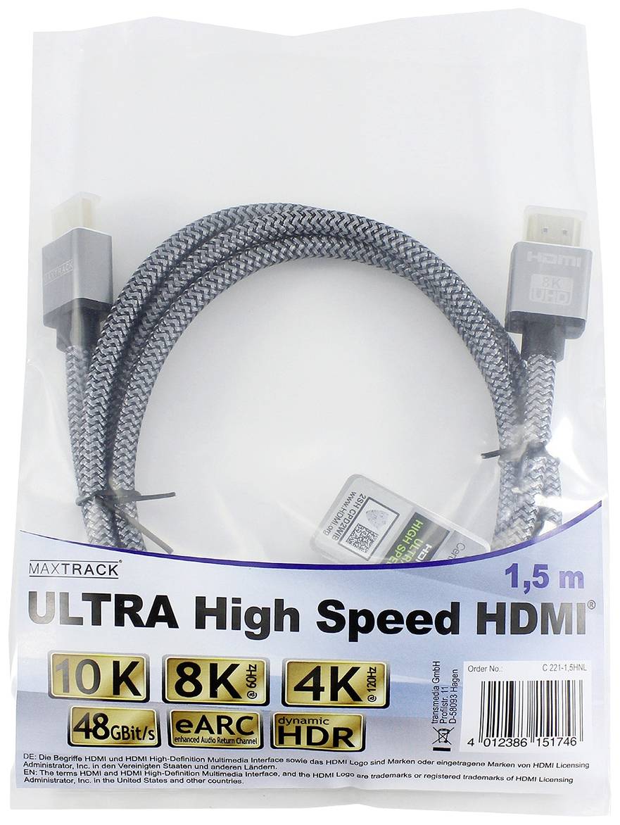Maxtrack HDMI Anschlusskabel HDMI-A Stecker, HDMI-A Stecker 1.50m Schwarz C 221-1,5HNL 8K UHD HDMI-Kabel