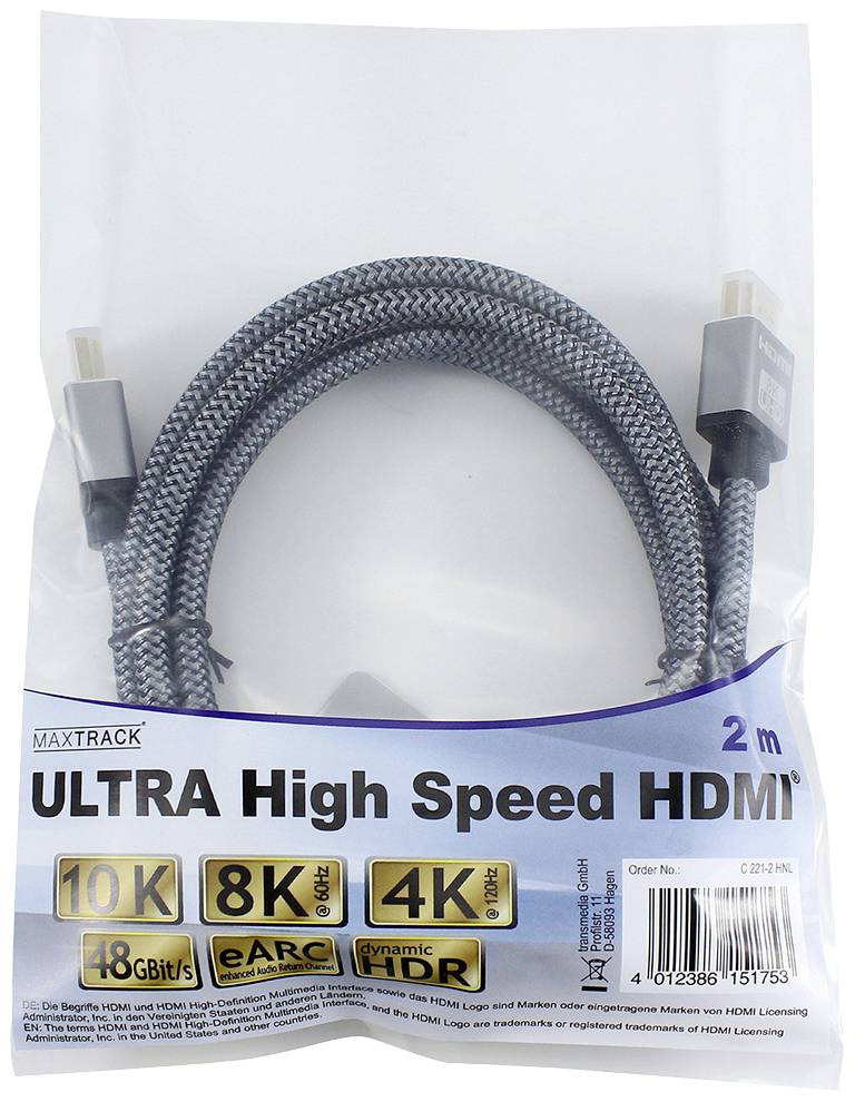 Maxtrack HDMI Anschlusskabel HDMI-A Stecker, HDMI-A Stecker 2.00m Schwarz C 221-2 HNL 8K UHD HDMI-Kabel