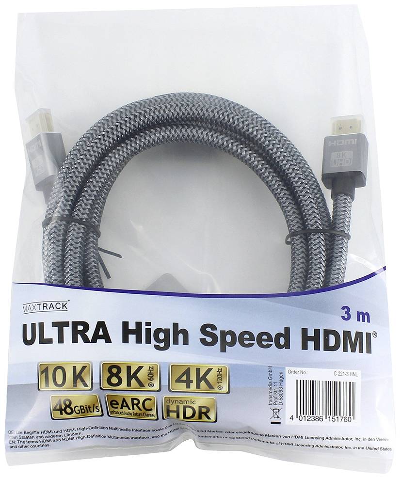 Maxtrack HDMI Anschlusskabel HDMI-A Stecker, HDMI-A Stecker 3.00m Schwarz C 221-3 HNL 8K UHD HDMI-Kabel