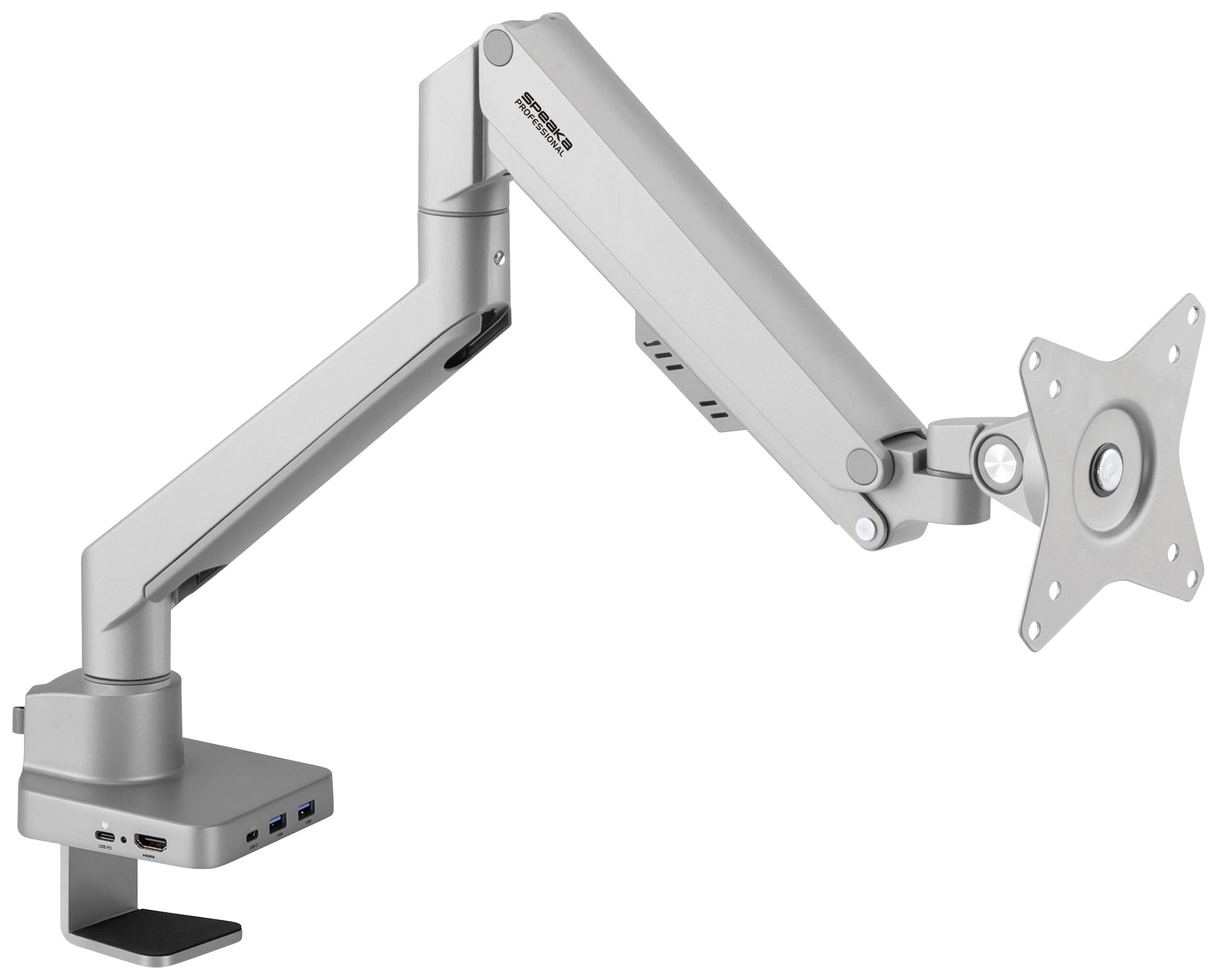 Ein ergonomischer Monitorarm aus Metall mit verstellbarem Gelenk und mehreren Drehpunkten, passend für verschiedene Bildschirmgrößen.