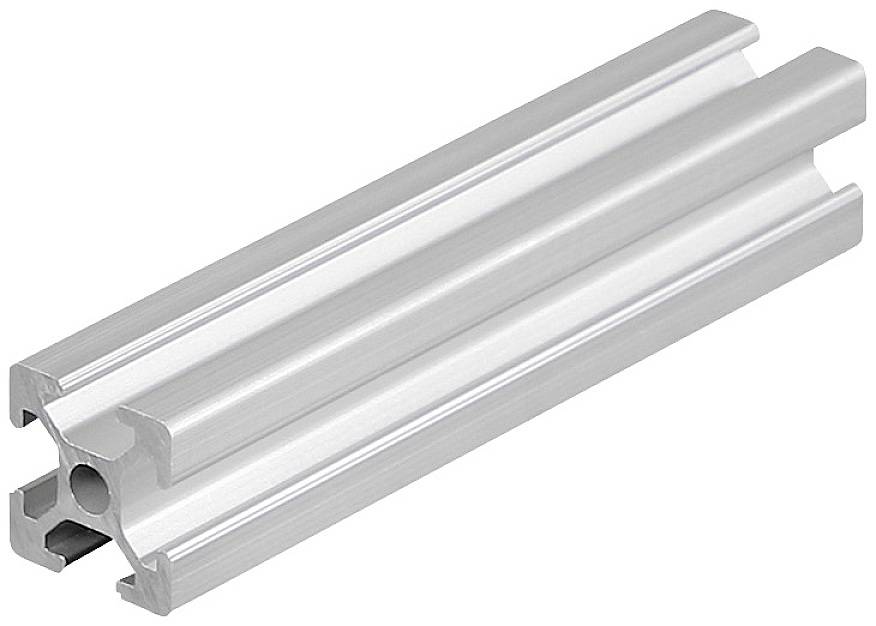 Ein silbernes Aluminiumprofil mit vier gleichmäßigen Schlitzen in T-Form. Wird oft für modulare Konstruktionssysteme verwendet.