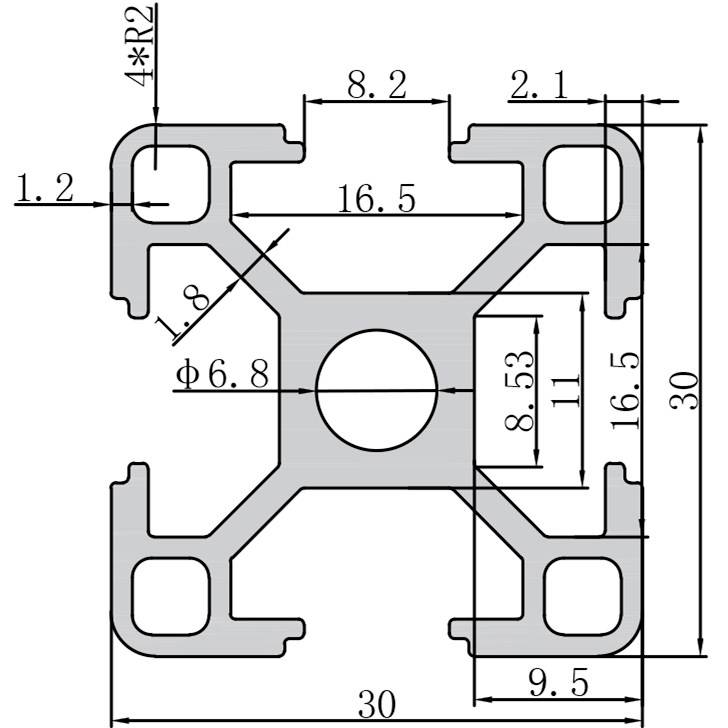 Technische Zeichnung eines Aluminiumprofils mit Maßangaben. Quadratische Form mit Kreuzstruktur in der Mitte, Maße angegeben in Millimetern.