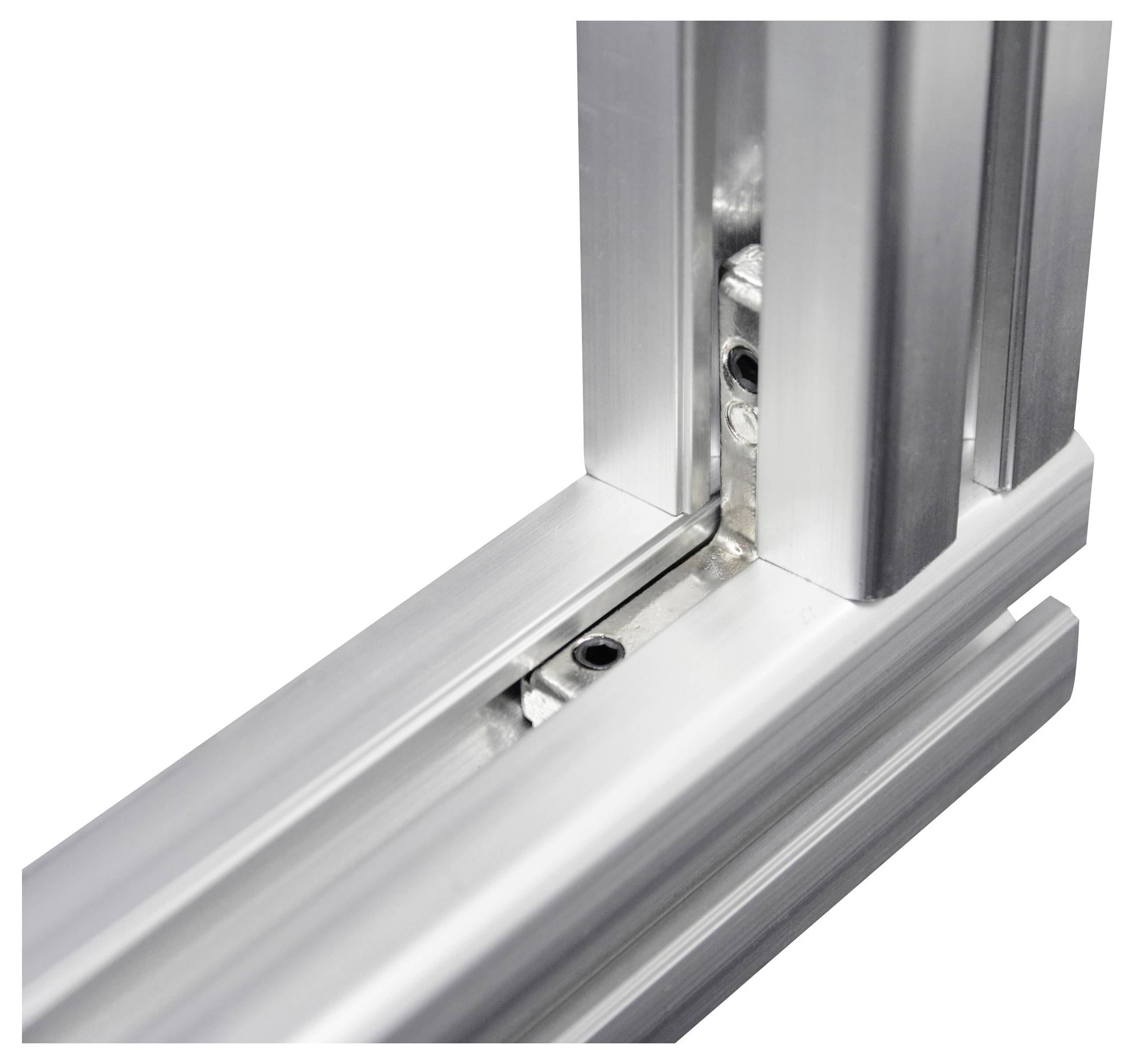 Ein Eckwinkel aus Aluminiumprofilen, verbunden durch eine Innenschraube, ideal für stabile industrielle Rahmen- oder Möbelkonstruktionen.