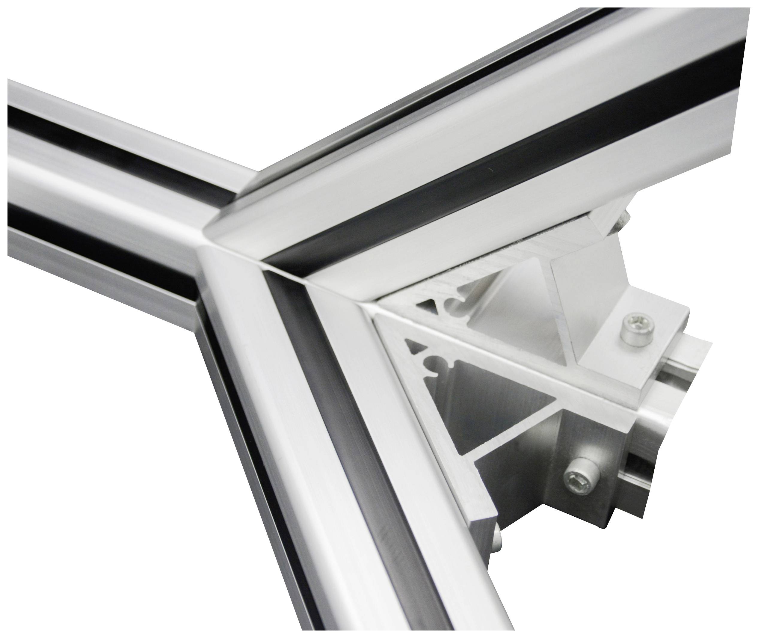 Eine silberne Aluminiumrahmenverbindung, dargestellt in einem T-Stück-Format. Die Struktur zeigt Befestigungsteile und Schrauben.
