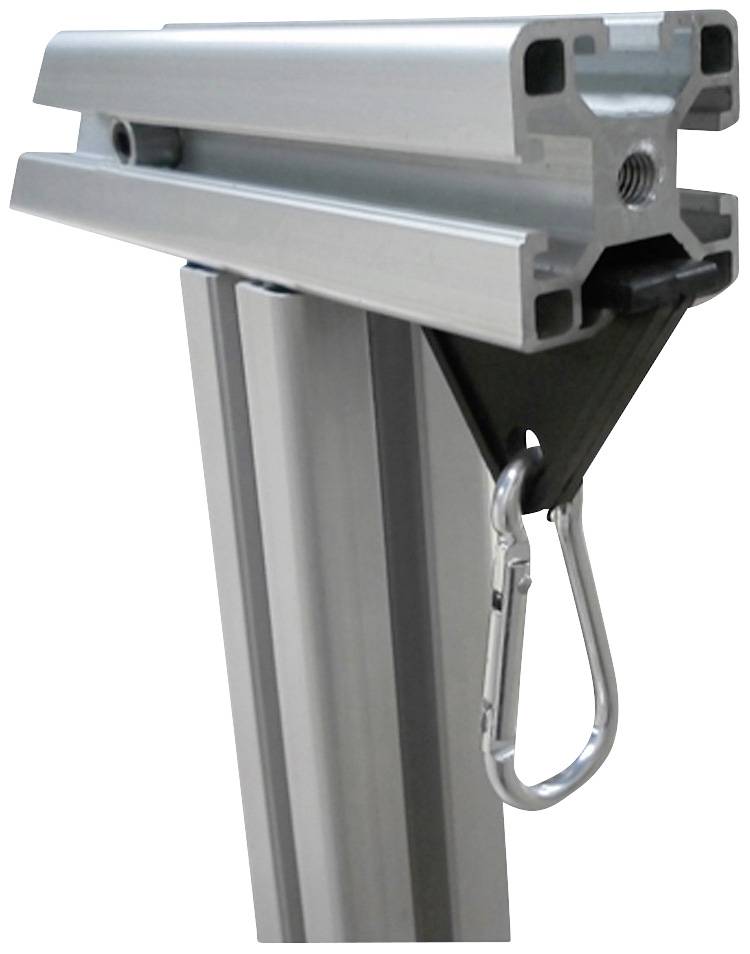 Metallische Befestigungskonstruktion aus Aluminium mit einem Haken an einer Halterung, eventuell für industrielle Anwendungen.