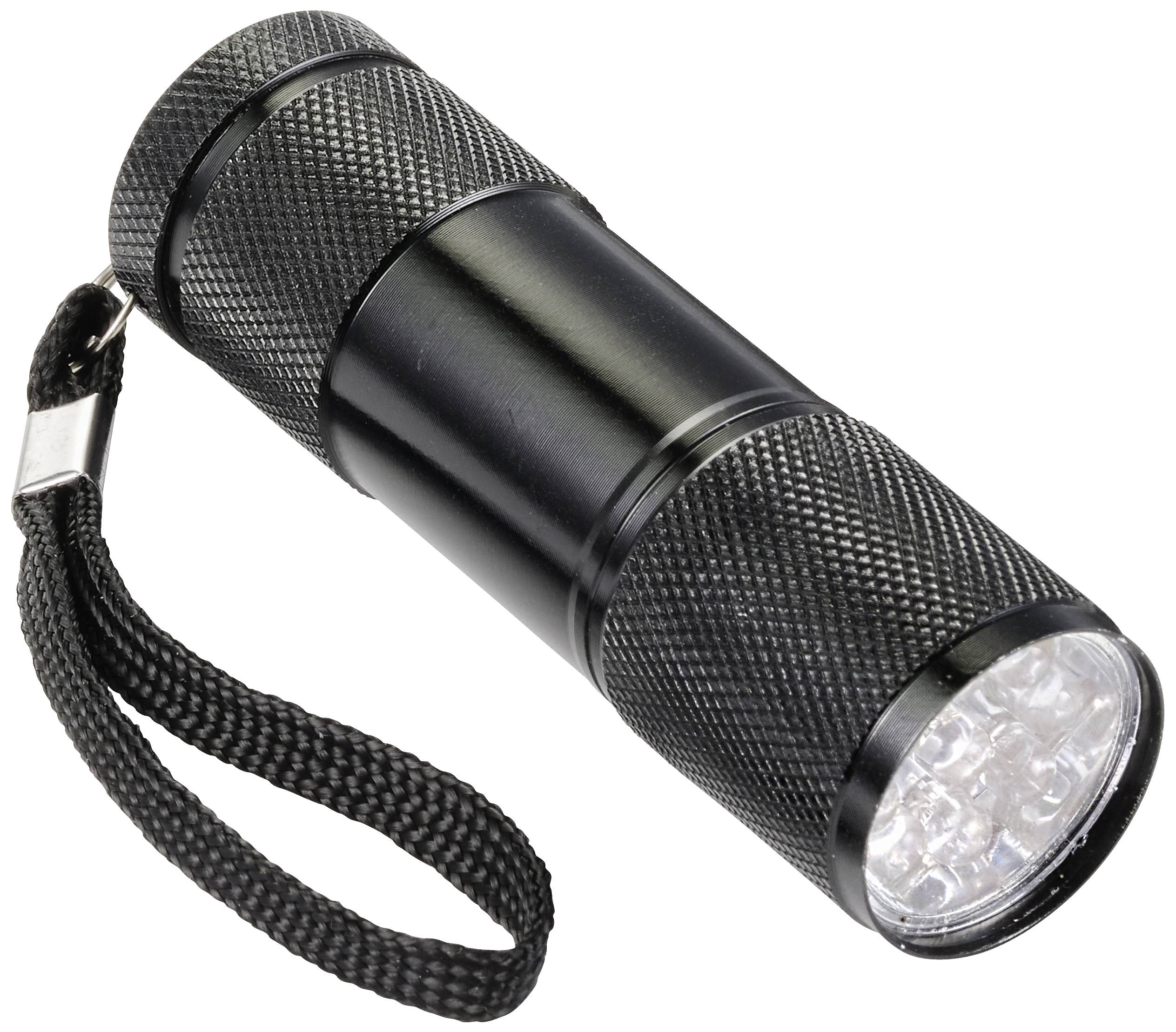 Schwarze Taschenlampe mit Handschlaufe, metallisches Gehäuse.