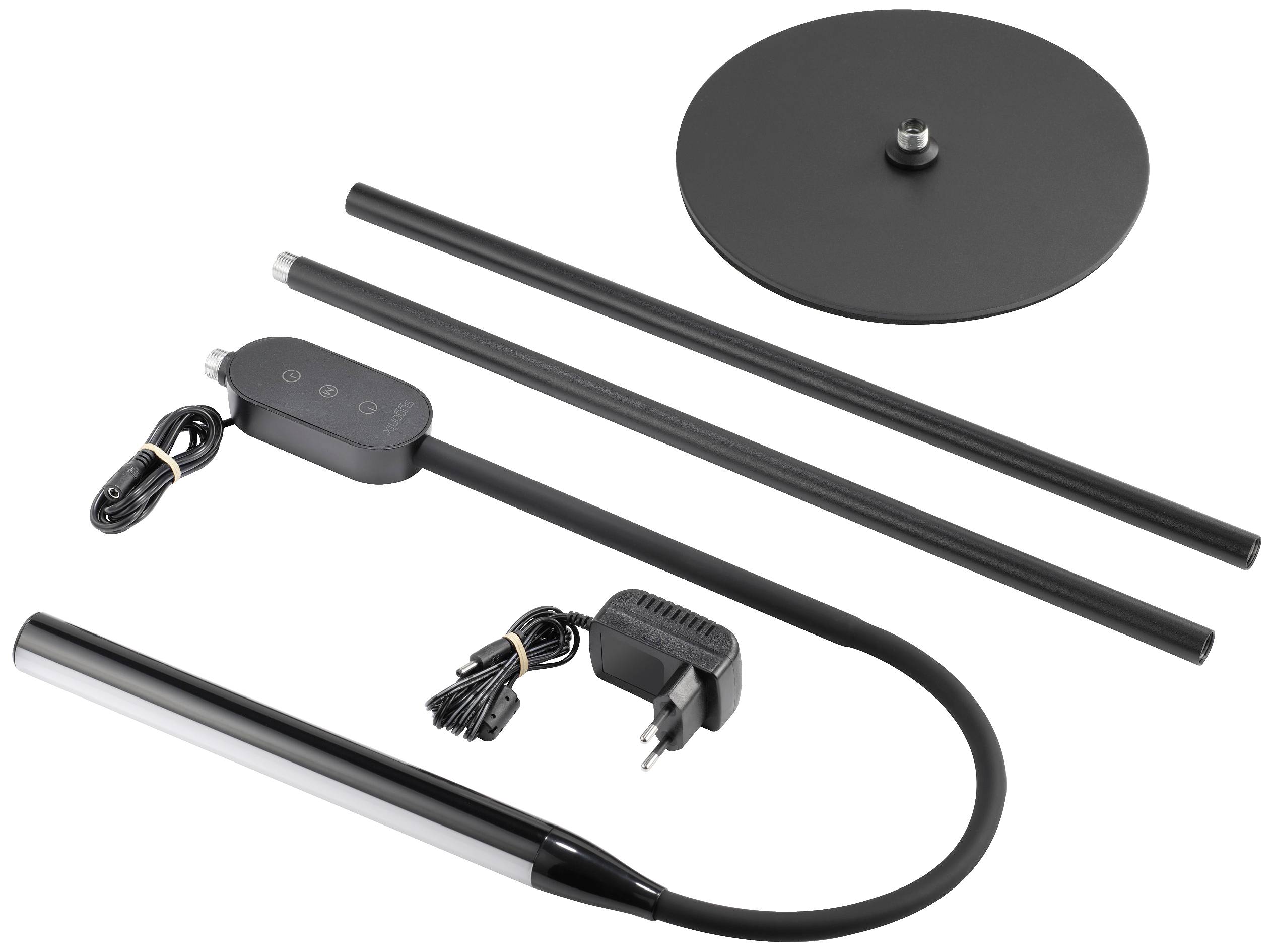 LED-Bodenlampe in Einzelteilen: Ständer, Basis, Kopf mit Kabel, Netzteil. Ideal für Montage und Nutzung in Innenräumen.