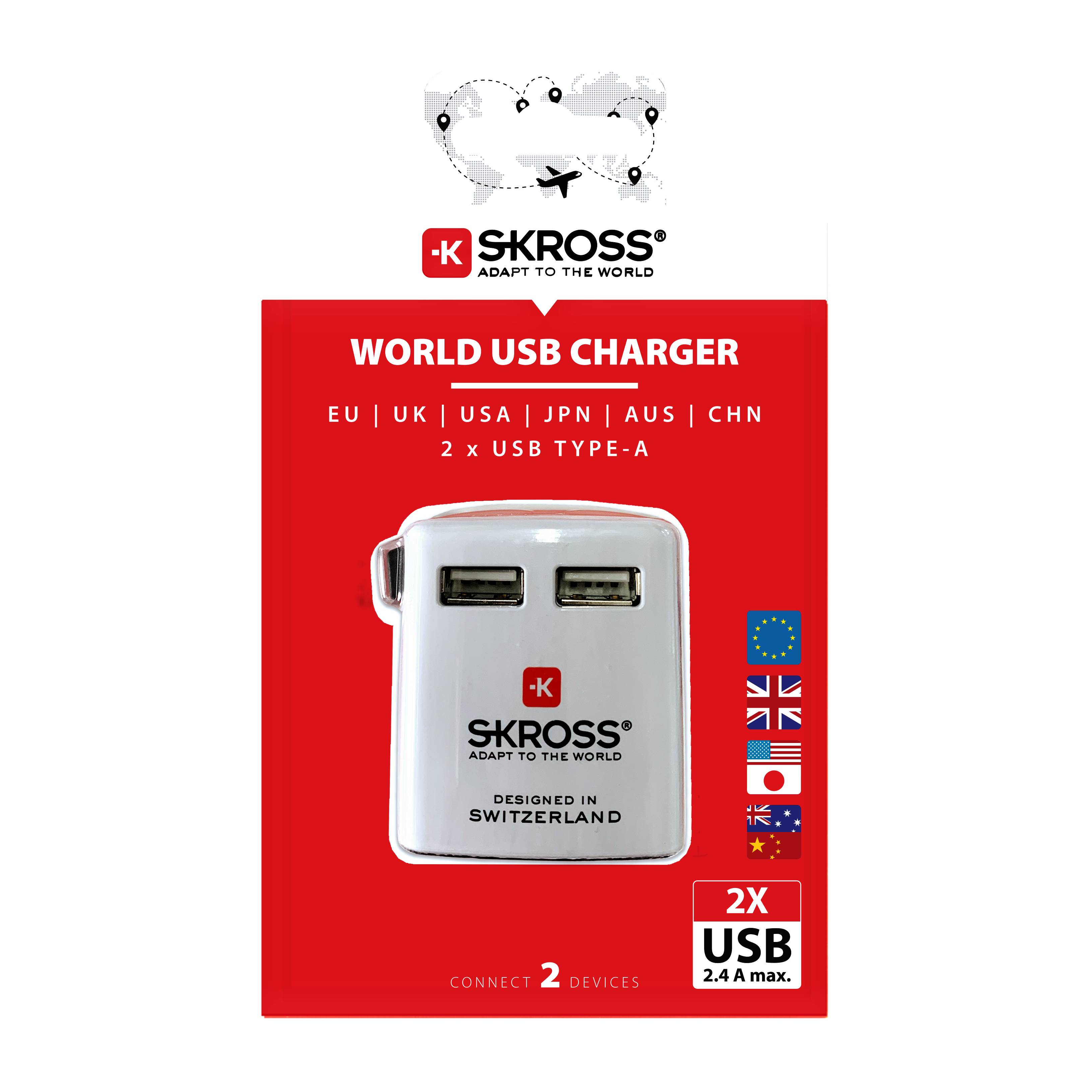 Skross World USB Charger Reiseladeadapter 12 W 2x USB-A Weiß mit Europa-Adapter, mit UK-Adapter, mit USA-Adapter, mit China-Adapter