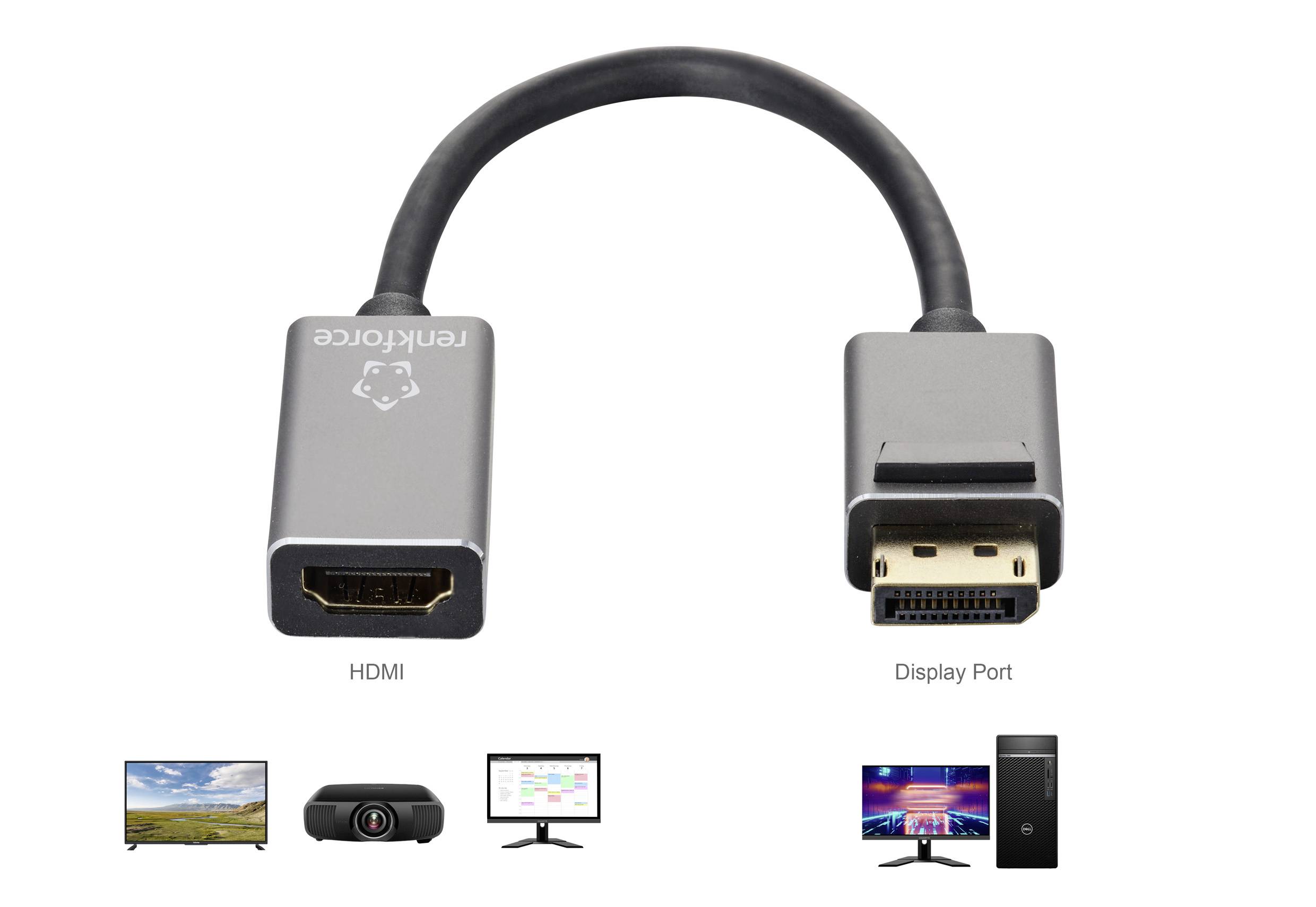 Ein HDMI-zu-DisplayPort-Adapter mit schwarzem Kabel. Unten Abbildungen von Monitoren und einem PC, die Adapterverwendung zeigen.