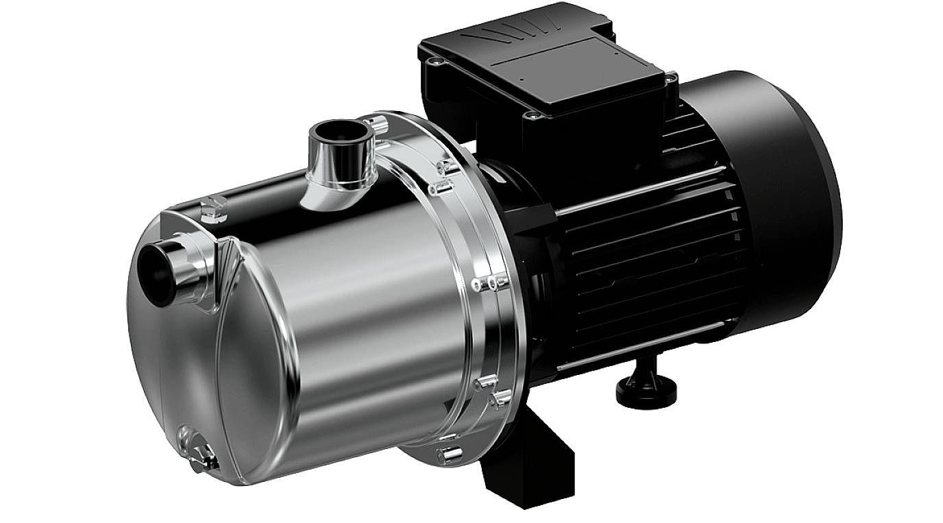 Schwarze elektrische Wasserpumpe mit zylindrischem Metallgehäuse und mehreren Anschlüssen, geeignet für industrielle Anwendungen.