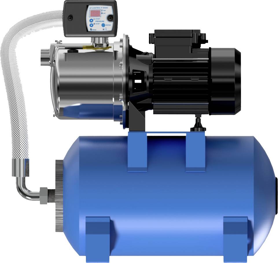Eine blaue Wasserpumpe mit Motor und Druckanzeige, verbunden durch einen Schlauch. Geeignet für industrielle oder häusliche Wasserversorgung.