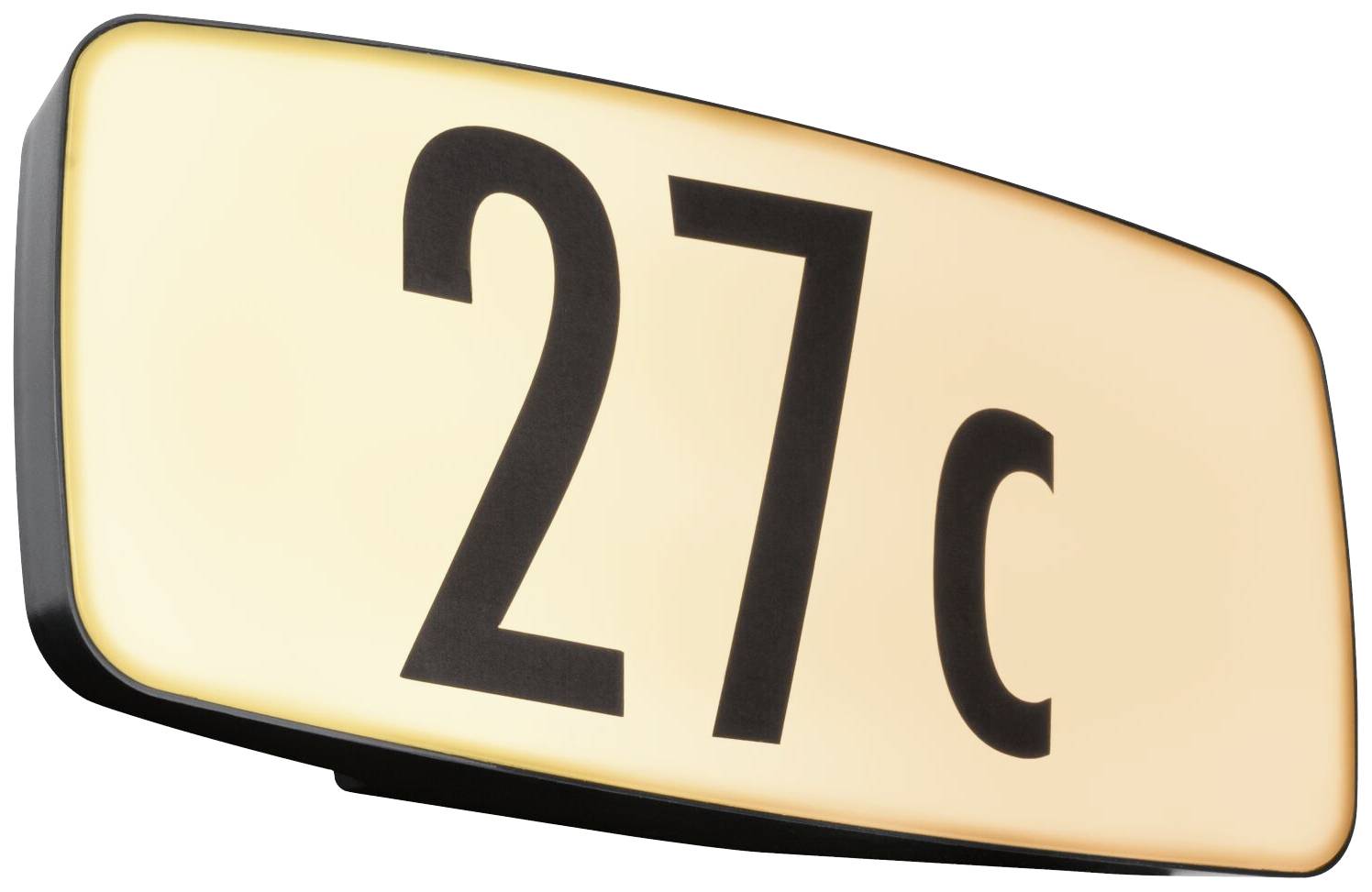 Ein beleuchtetes gelbes Schild zeigt die Zahl '27c'.