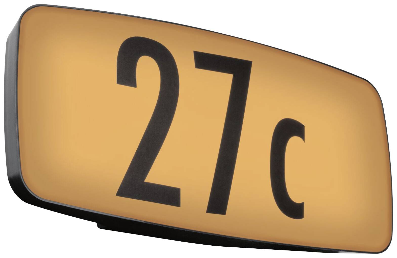 Gelbes Schild mit Aufschrift '27 c' in großen schwarzen Ziffern und Buchstaben.