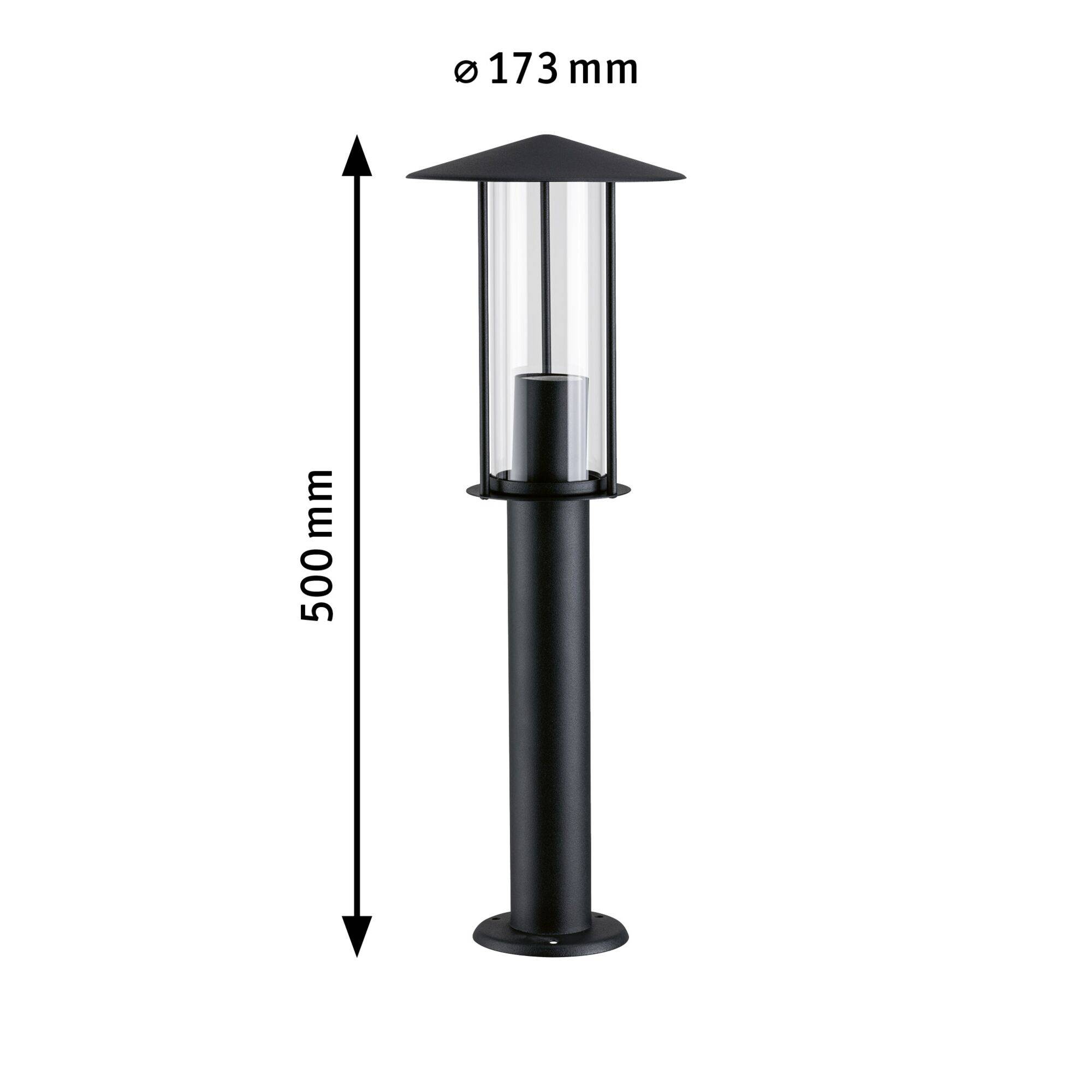 Schwarze Außenlampe mit Metallpfosten, Höhe 500 mm, Durchmesser 173 mm, transparente Abdeckung, zylindrische Form.