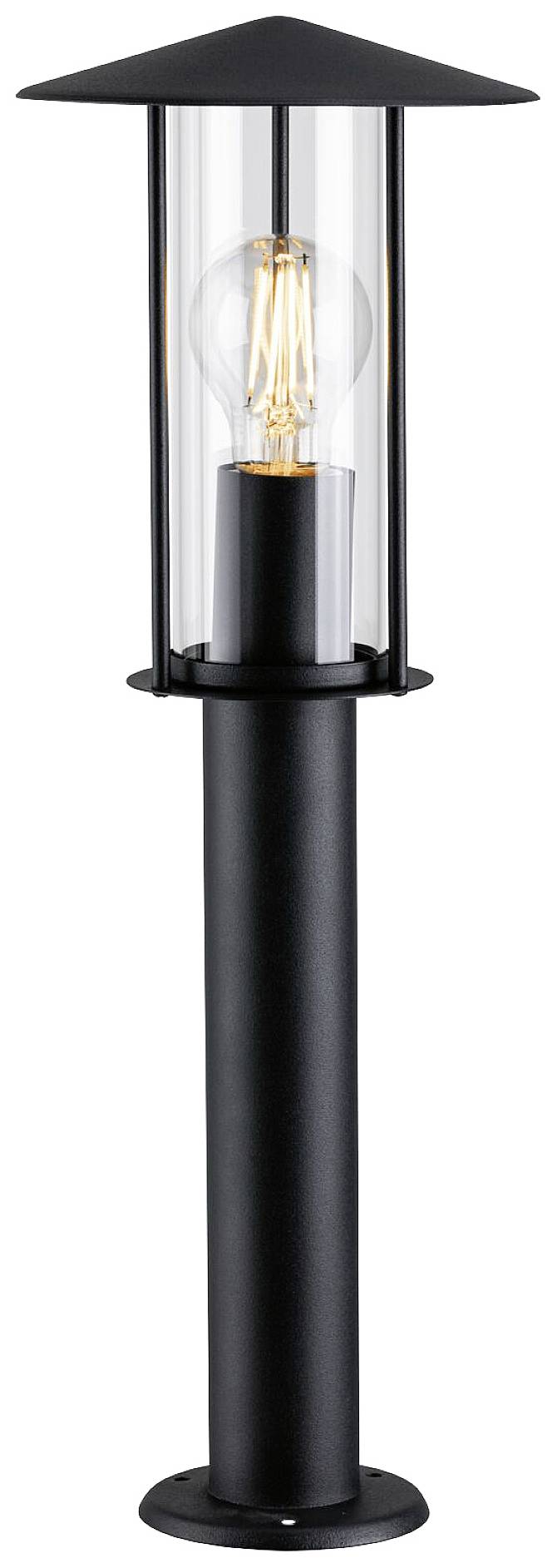 Schwarze Außenleuchte mit Glasgehäuse und sichtbarer Glühbirne in traditionellem Design. Eignet sich für die Beleuchtung von Wegen oder Gärten.