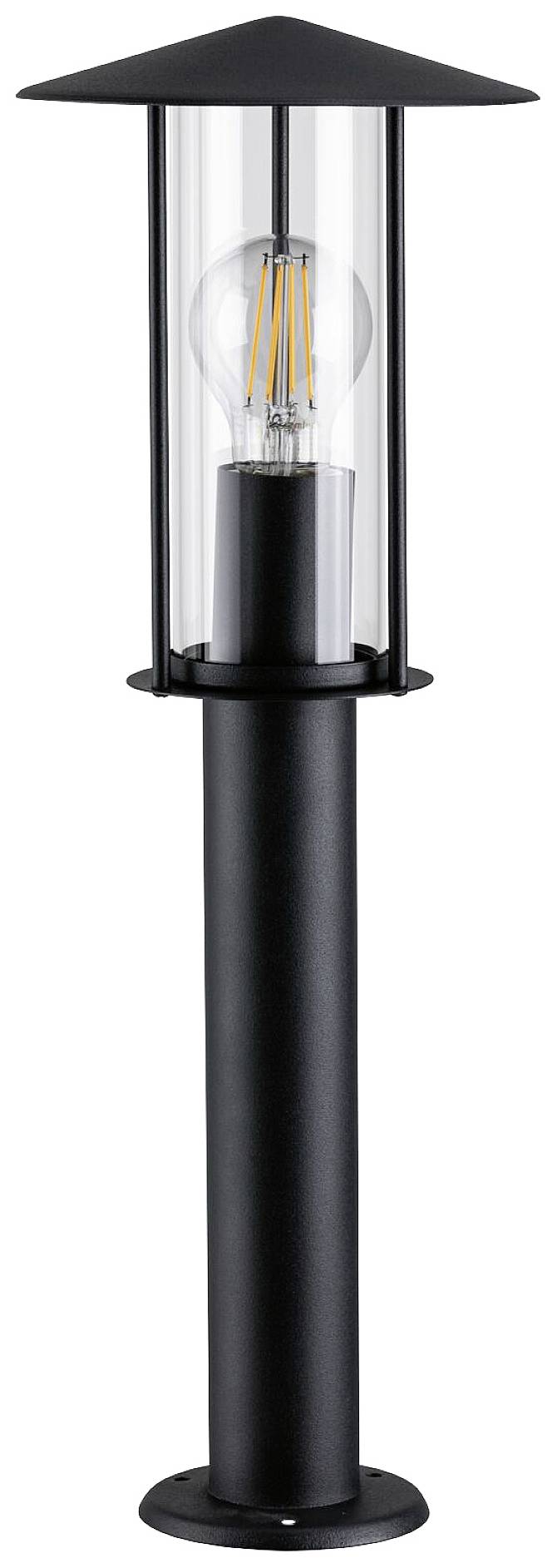 Eine stilvolle schwarze Stehlampe mit transparentem Glasgehäuse und sichtbarem Leuchtmittel. Ideal für den Außenbereich.