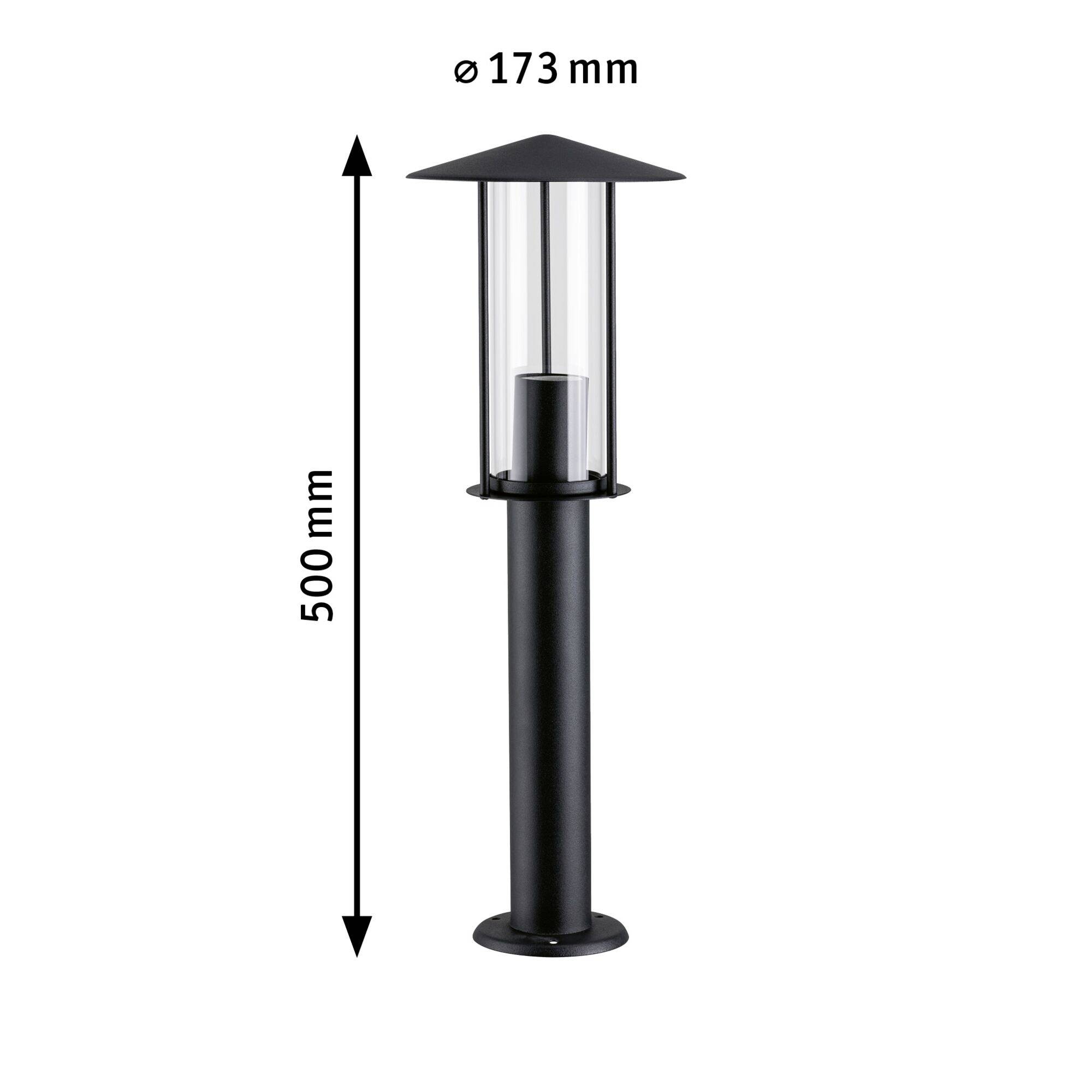 Schwarze Gartenleuchte mit klarer Glashülle, Höhe 500 mm, Durchmesser 173 mm.