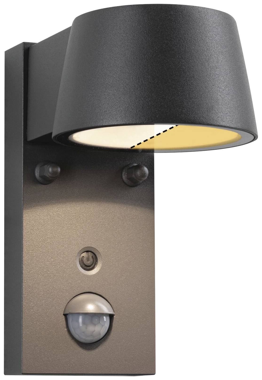 Wandleuchte aus schwarzem Metall mit Bewegungsmelder und einstellbarem Lichtstrahl für den Außenbereich.