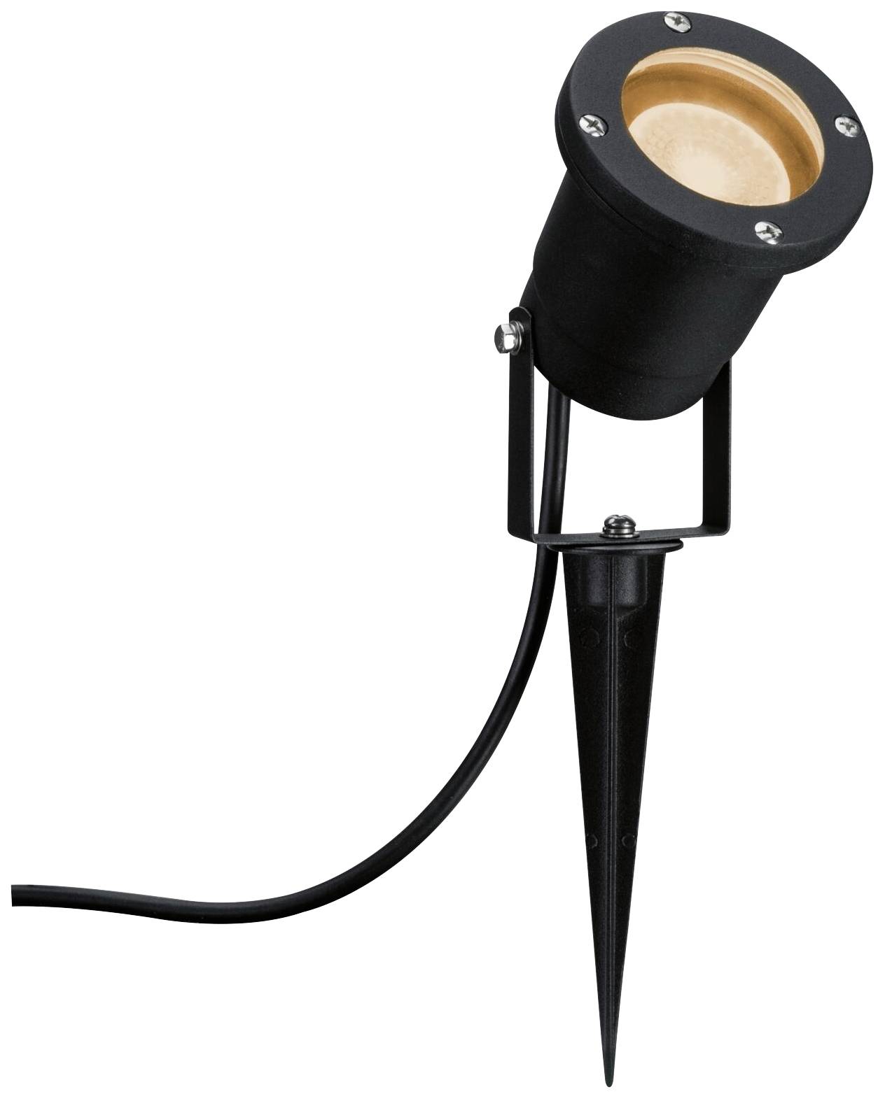 Schwarze Gartenlampe mit Erdspieß und Kabel, zur Beleuchtung von Außenflächen, neigt sich leicht zur Seite.