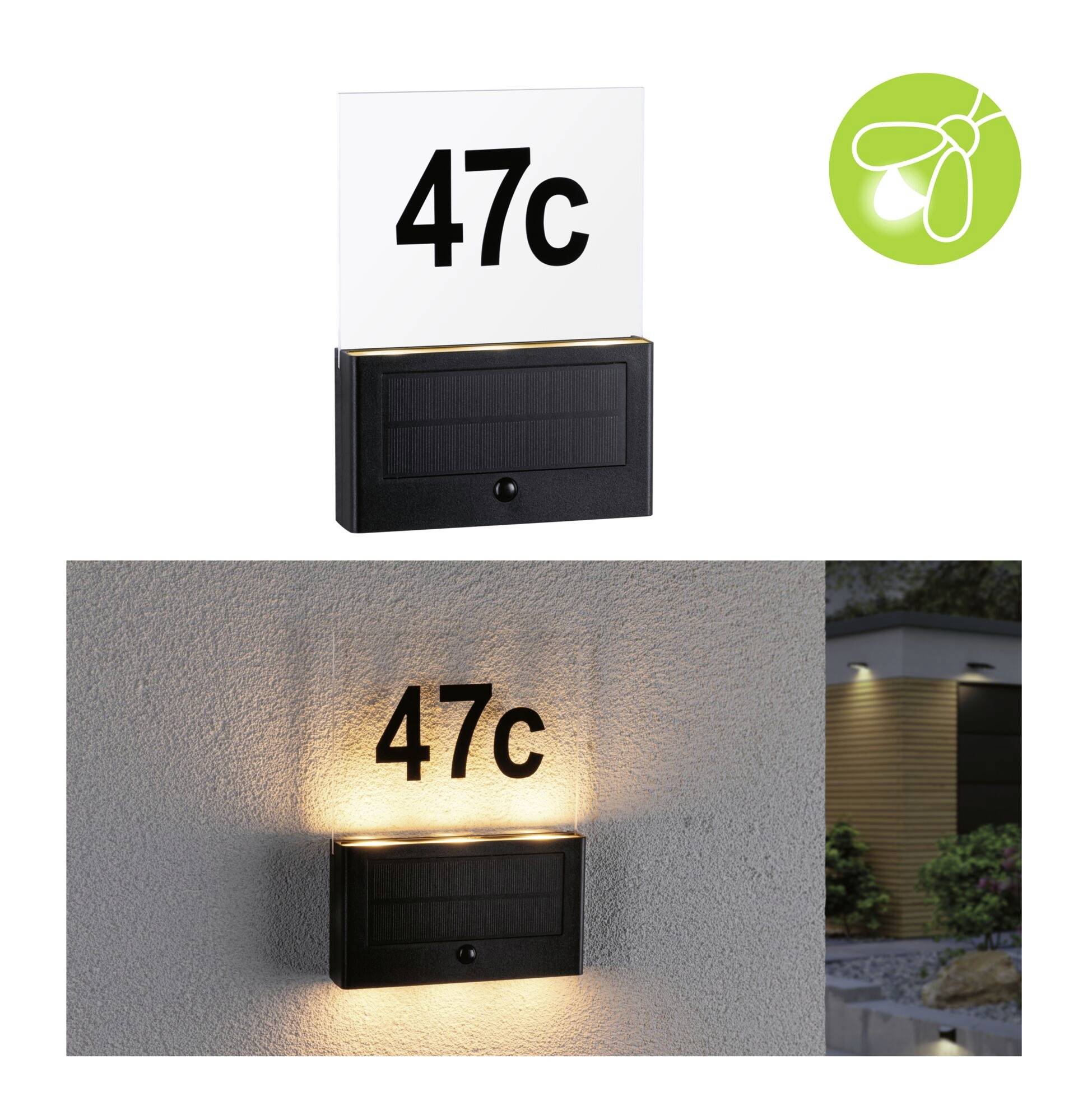 Solar-Hausnummernleuchte an einer Wand mit der Nummer '47c'. Oben rechts ist ein grünes Logo abgebildet.