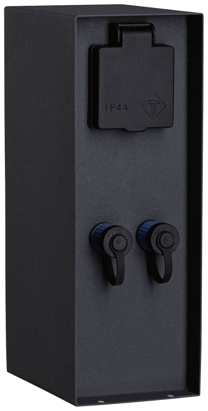 Eine schwarze Außensteckdose mit doppelten Anschlüssen und einer Schutzklappe mit der Kennzeichnung 'IP44', für wetterfeste Anwendungen.