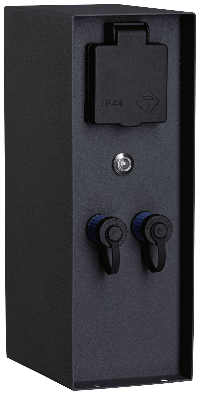 Ein schwarzer elektrotechnischer Schaltkasten mit zwei blauen Schaltern und einer Schutzabdeckung mit der Aufschrift 'IP44'.