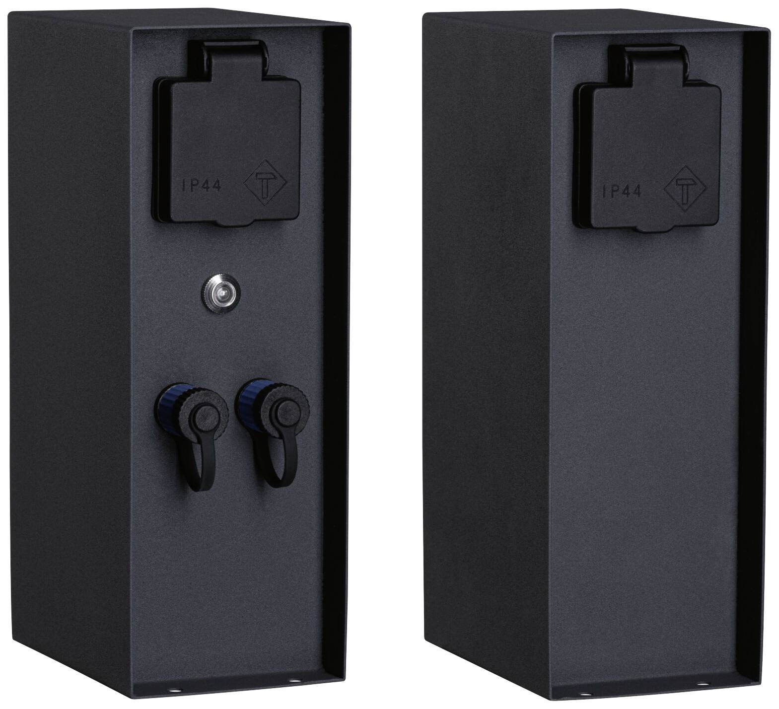 Zwei schwarze Elektroanschlüsse mit je zwei Steckdosen und einem zentralen Knopf. Beide sind mit 'IP44' gekennzeichnet, was für Spritzwasserschutz steht.