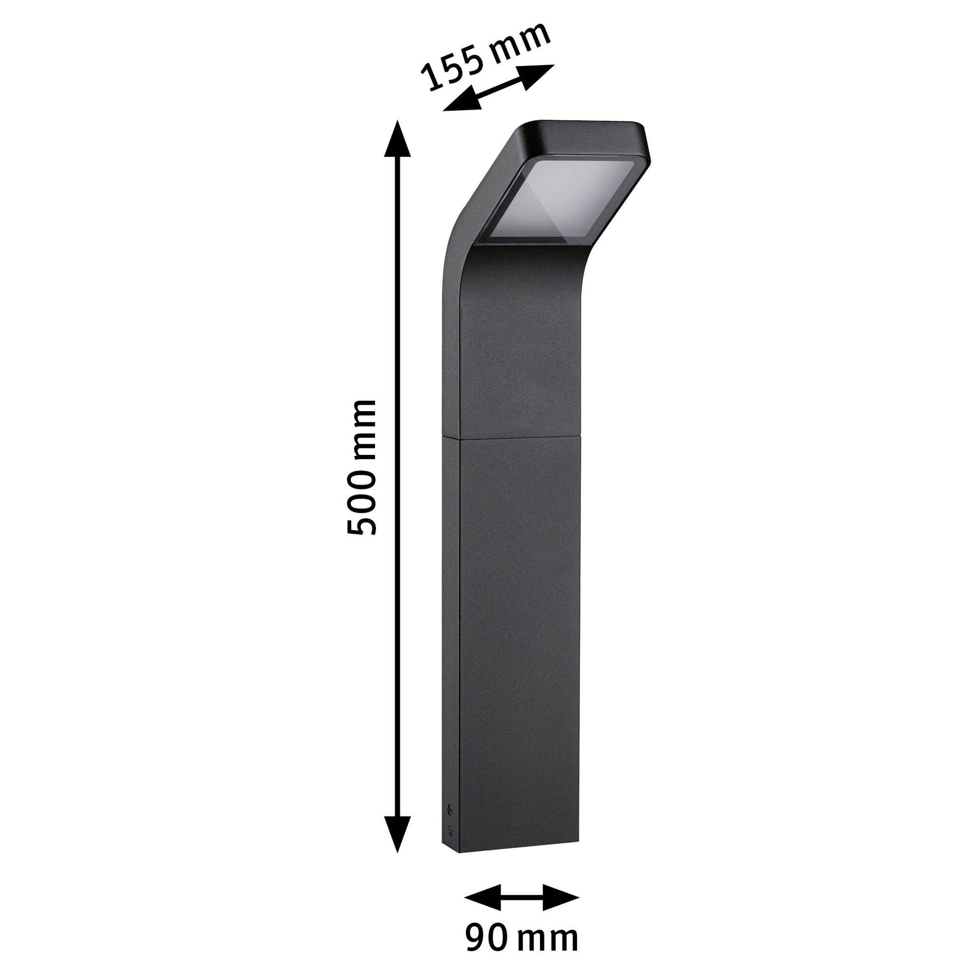 Schwarze Stehlampe mit rechteckigem Kopf und LED-Leuchte. Höhe 500 mm, Kopfbreite 155 mm, Sockelbreite 90 mm, für Außenbereich geeignet.