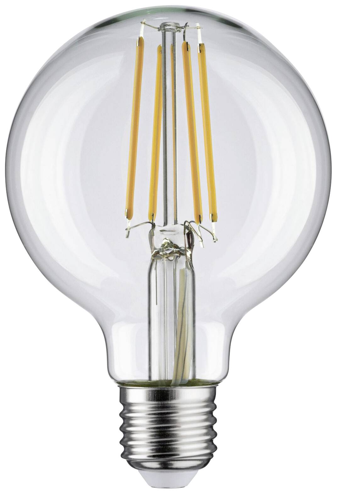 Eine klare Glühbirne mit sichtbarem Filament im Inneren, mit einem Schraubsockel unten.
