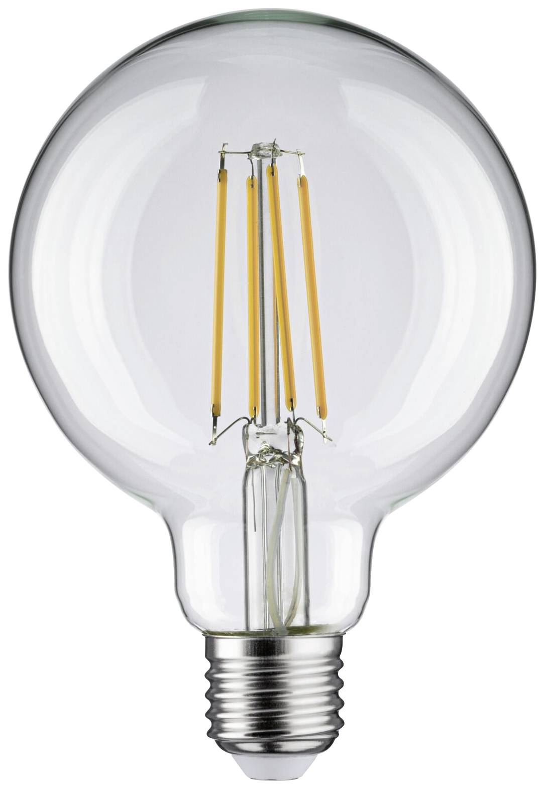 Glühbirne mit sichtbarem Filament, eingeschaltet, auf weißem Hintergrund.