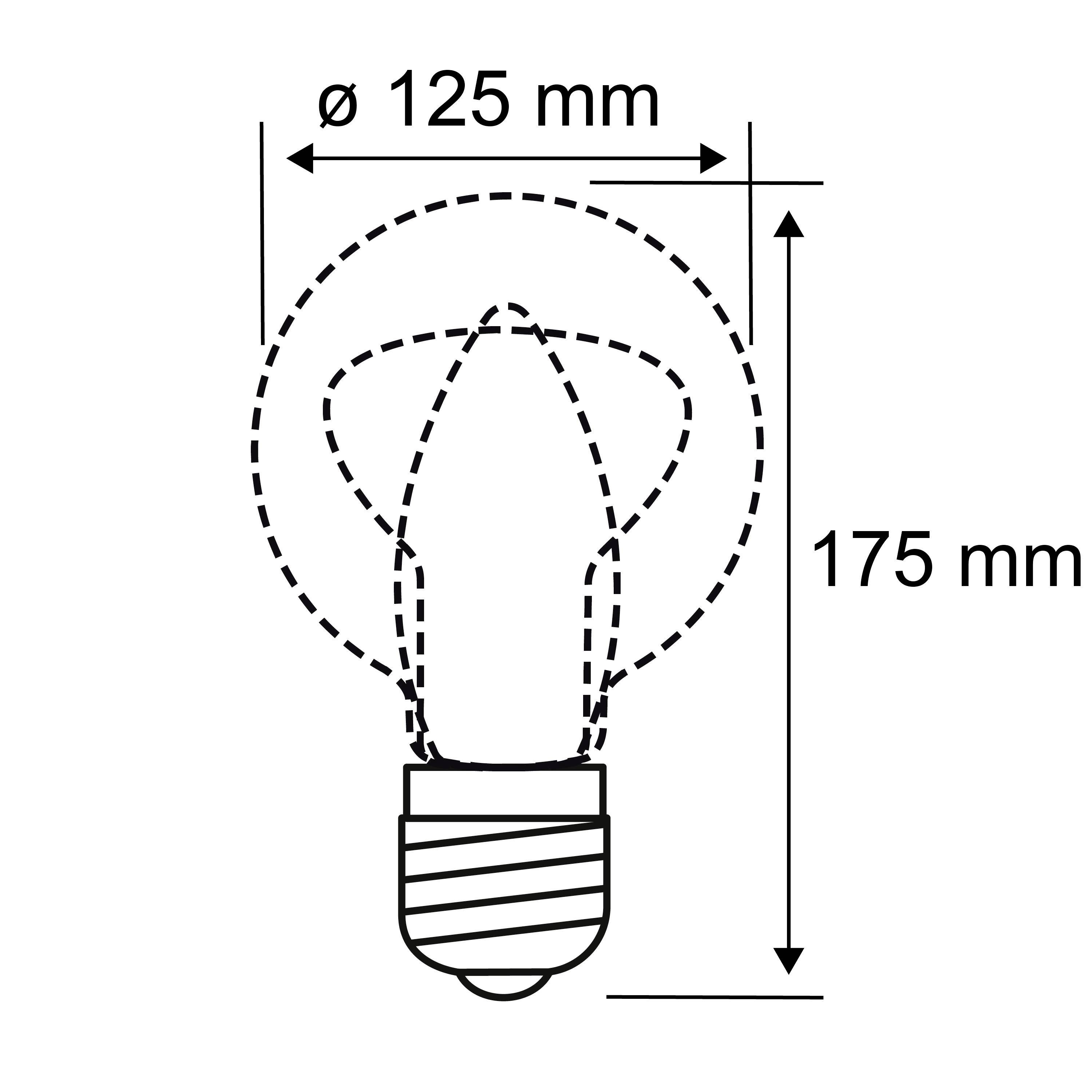 Zeichnung einer Glühbirne mit Maßen: Durchmesser 125 mm, Höhe 175 mm. Entspricht Standardgröße.