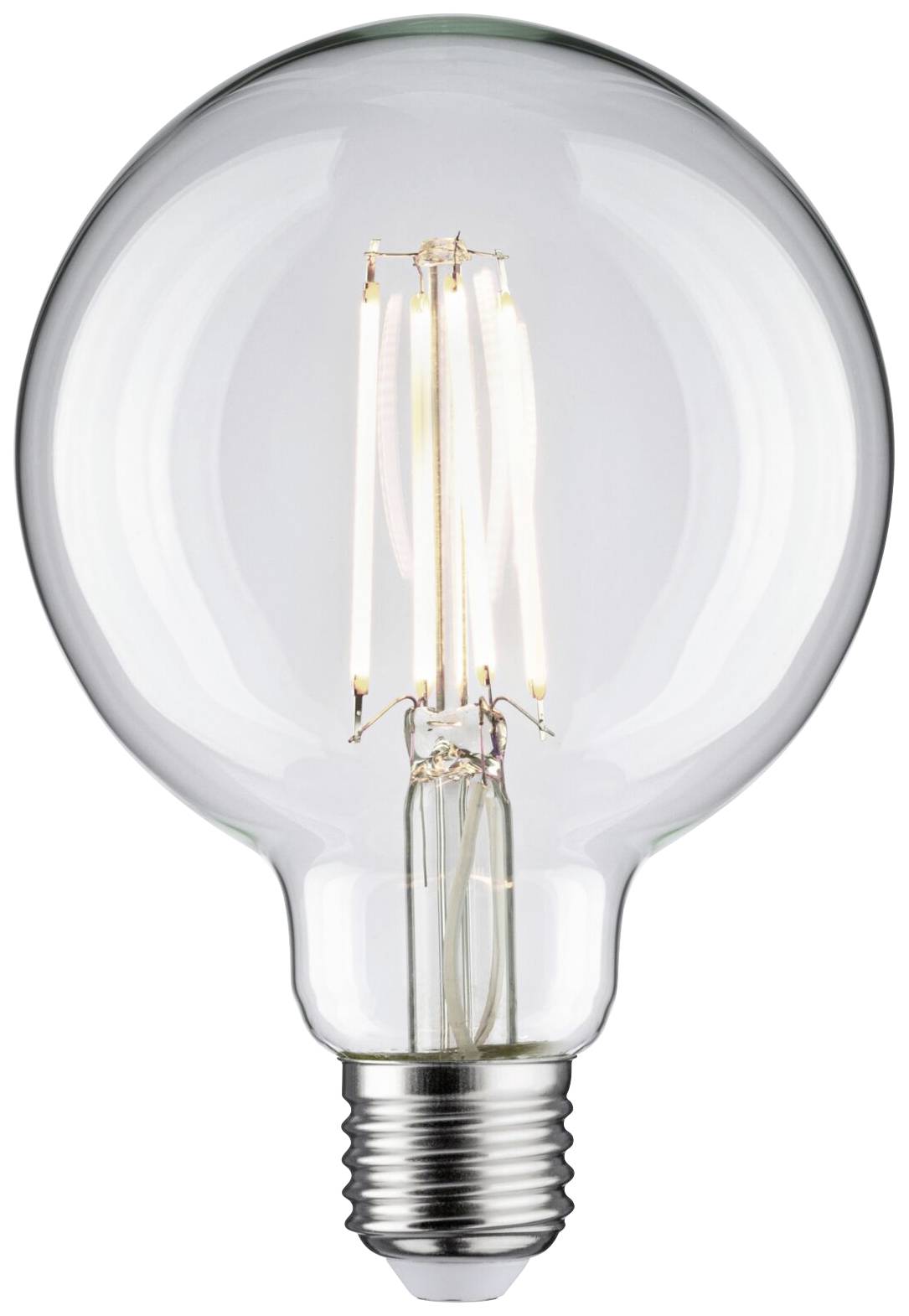 Eine durchsichtige Glühlampe mit sichtbaren Glühdrähten in der Mitte, die auf eine eingeschaltete Lichtquelle hindeuten.